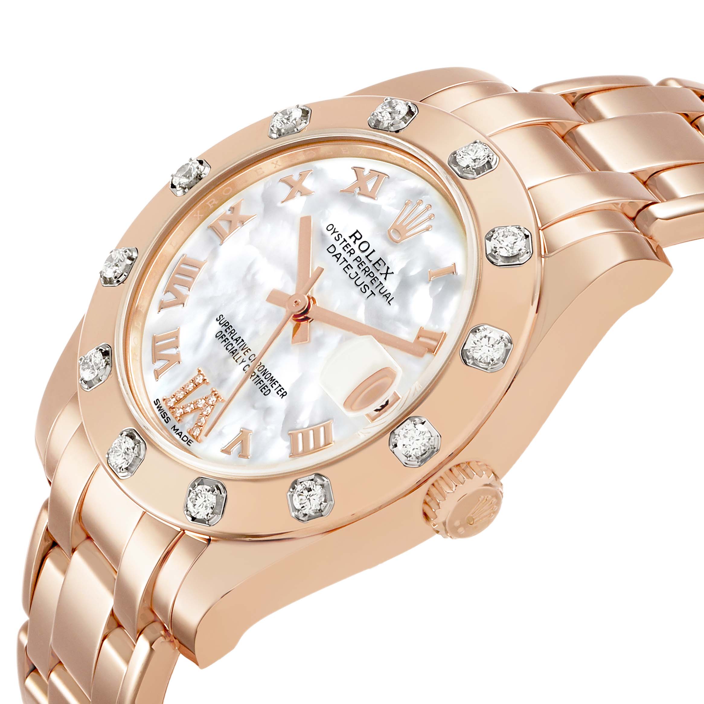 The Rolex Pearlmaster 81315 Women's Rose Gold Mother of Pearl Dial watch is shown from a slightly angled side view, highlighting the bezel, dial, and bracelet.
