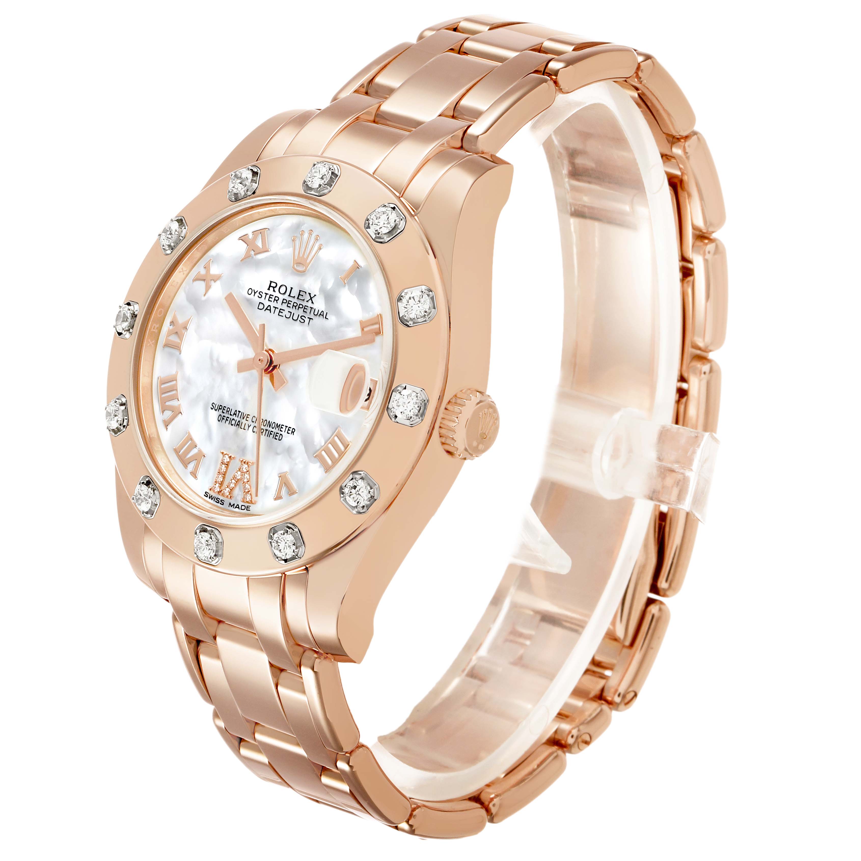 The Rolex Pearlmaster 81315 Women's Rose Gold Mother of Pearl Dial watch is shown at a three-quarter angle, highlighting the bracelet, diamond bezel, and mother-of-pearl dial.