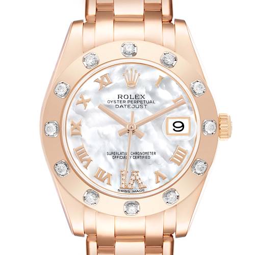 The Rolex Pearlmaster 81315 Women's Rose Gold Mother of Pearl Dial watch is shown from a front angle, highlighting its dial, bezel with diamonds, and bracelet.
