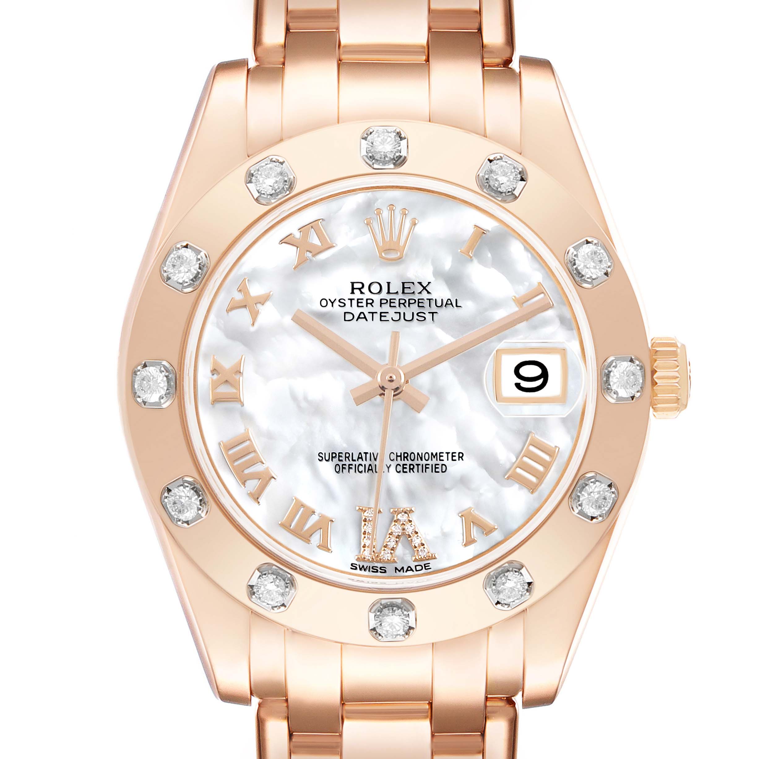 The Rolex Pearlmaster 81315 Women's Rose Gold Mother of Pearl Dial watch is shown at a front angle, highlighting the dial, bezel with diamonds, and part of the bracelet.