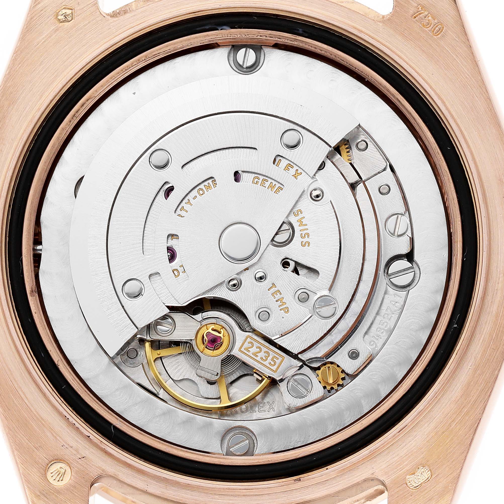 The image shows the intricate movement mechanism of a Rolex Pearlmaster 81315 Women's Rose Gold Mother of Pearl Dial watch from the back.