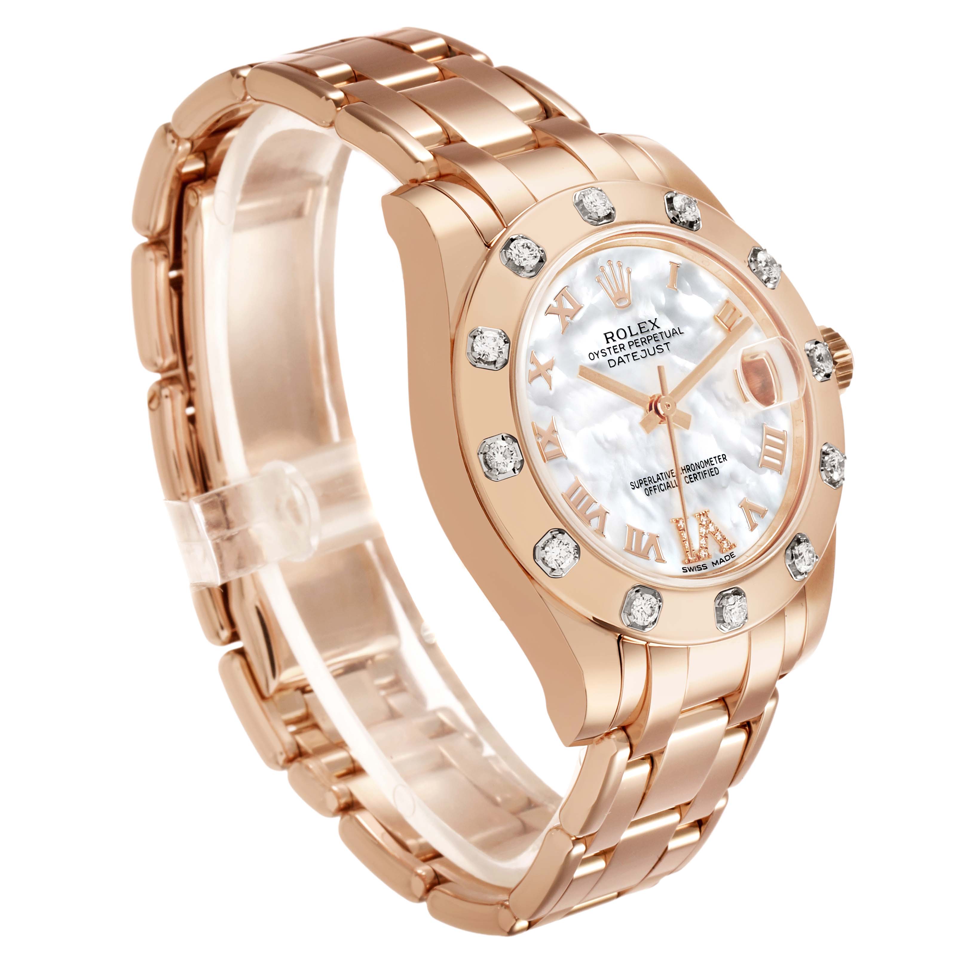 The Rolex Pearlmaster 81315 Women's Rose Gold Mother of Pearl Dial watch is shown at a three-quarter angle, highlighting its rose gold casing, diamond bezel, and bracelet.