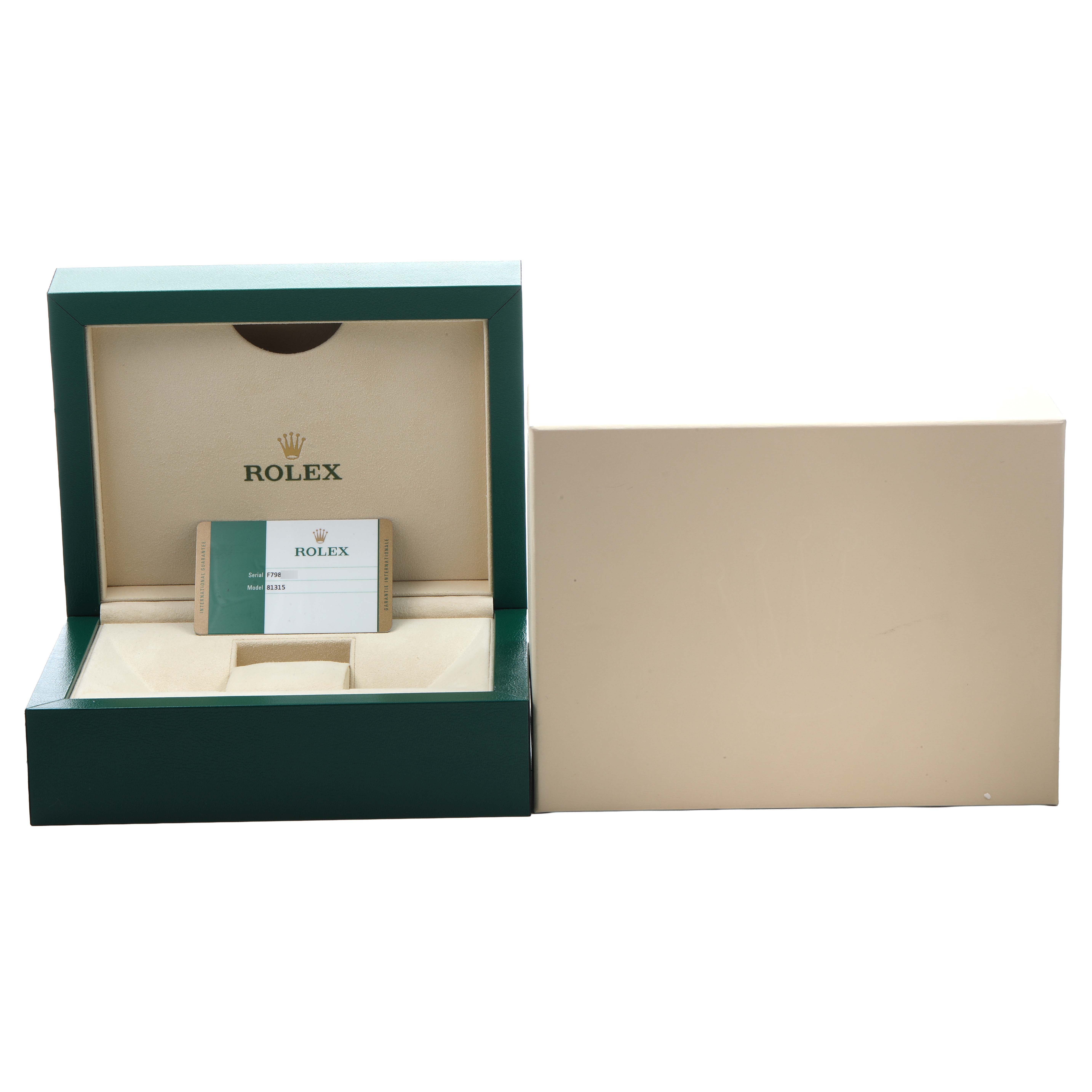 The image shows a Rolex Pearlmaster 81315 Women's Rose Gold Mother of Pearl Dial watch box from a front angle with a warranty card inside.