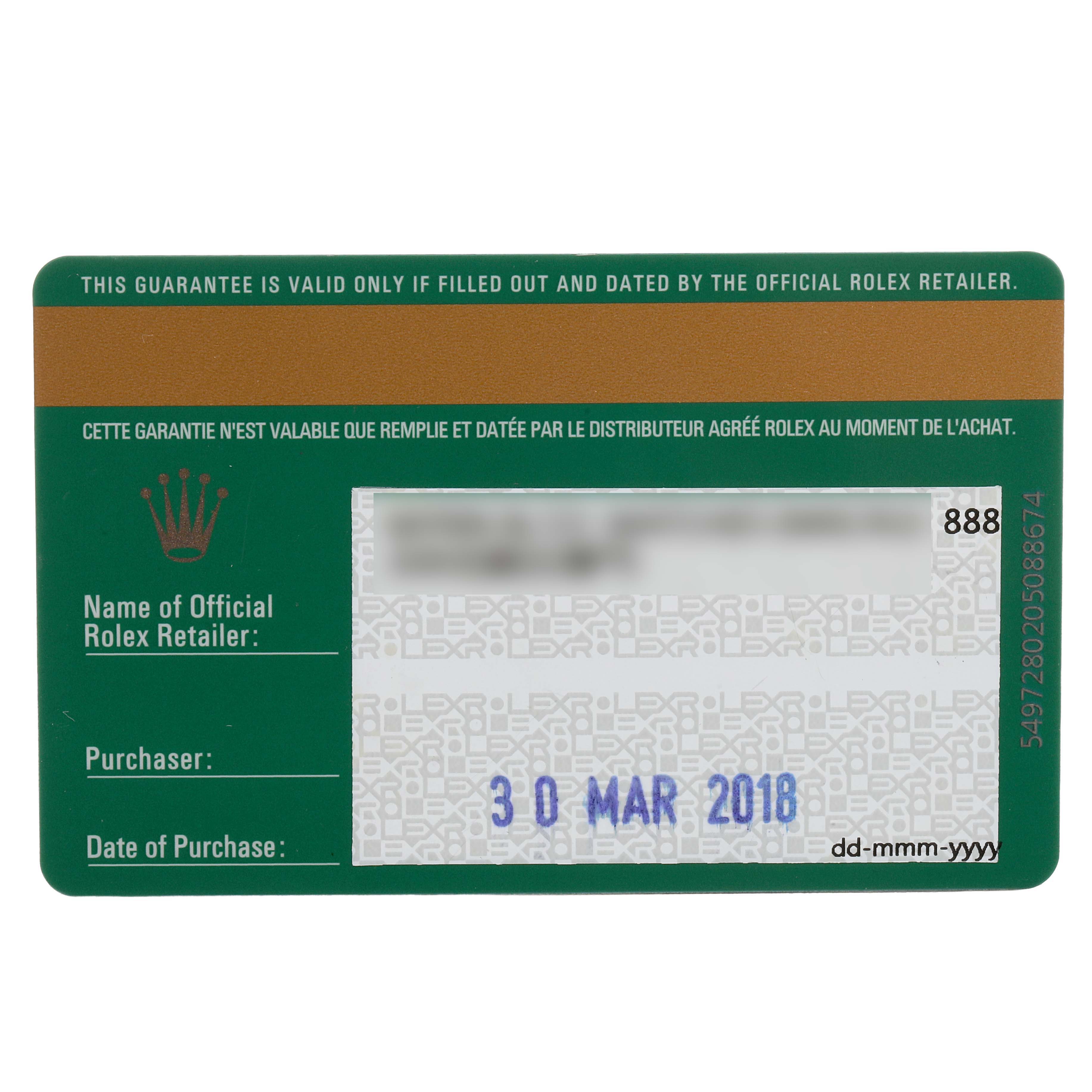 This image shows a warranty card for a Rolex Pearlmaster 81315 Women's Rose Gold Mother of Pearl Dial, displaying purchase details and retailer information.