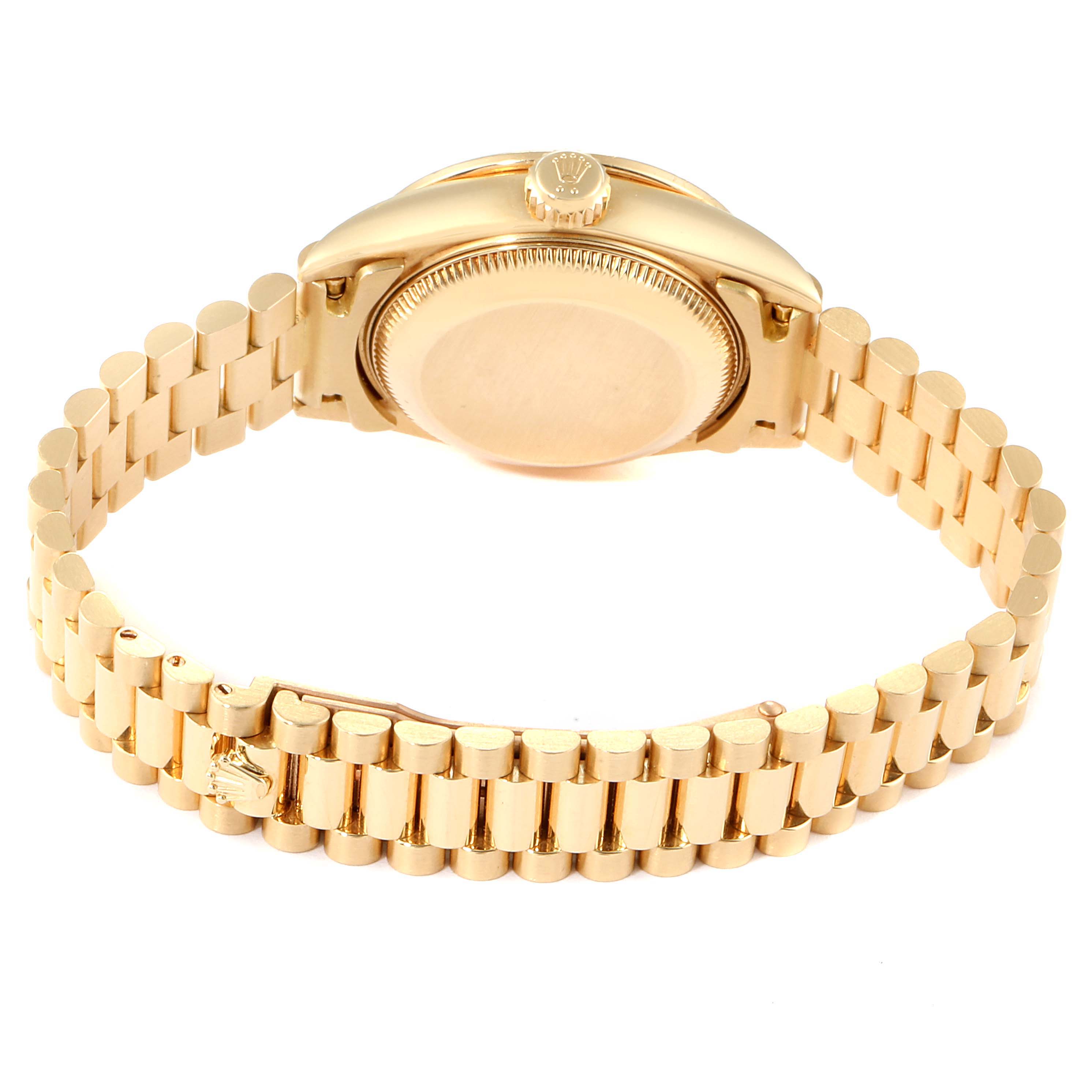 The image shows the back and bracelet of a Rolex President 69158 Women
s Yellow Gold Mother of Pearl Dial 69158 Women
s Yellow Gold Mother of Pearl Dial model watch, viewed from a rear angle.