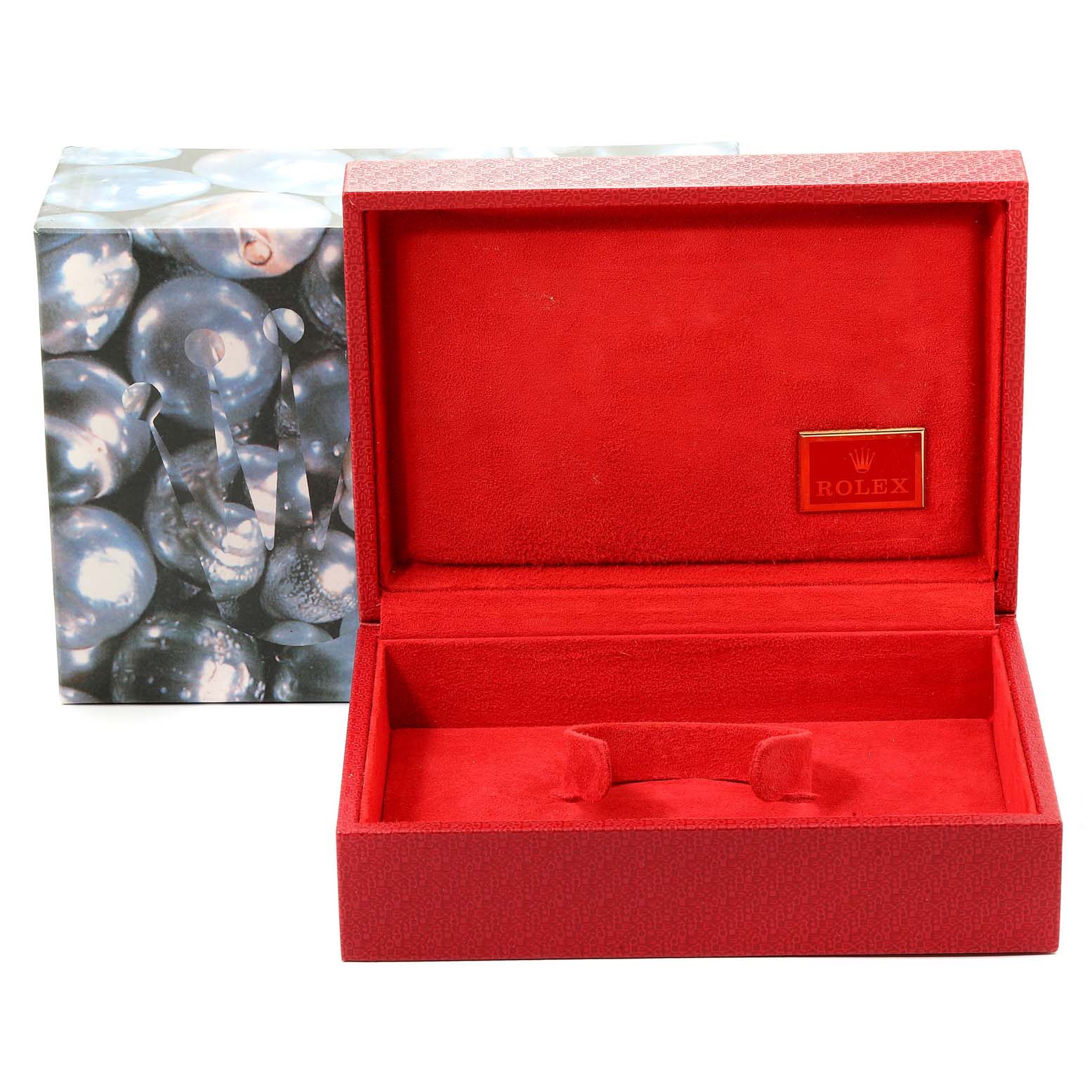 This image shows the open red presentation box for the Rolex President 69158 Women
s Yellow Gold Mother of Pearl Dial 69158 Women
s Yellow Gold Mother of Pearl Dial model watch with the logo inside the lid.