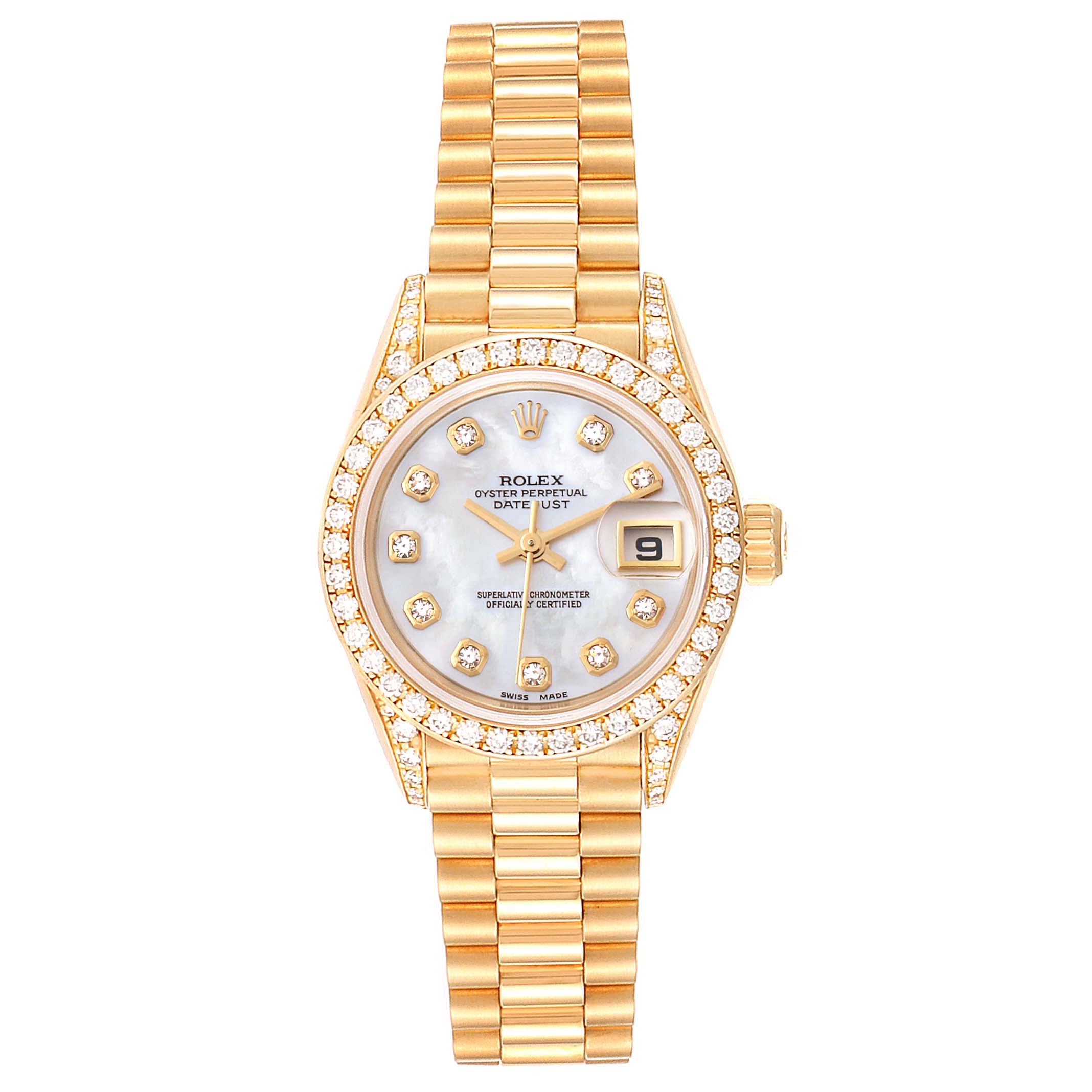 The Rolex President 69158 Women
s Yellow Gold Mother of Pearl Dial 69158 Women
s Yellow Gold Mother of Pearl Dial model watch is shown from a frontal angle, displaying its face, bezel, and gold bracelet.