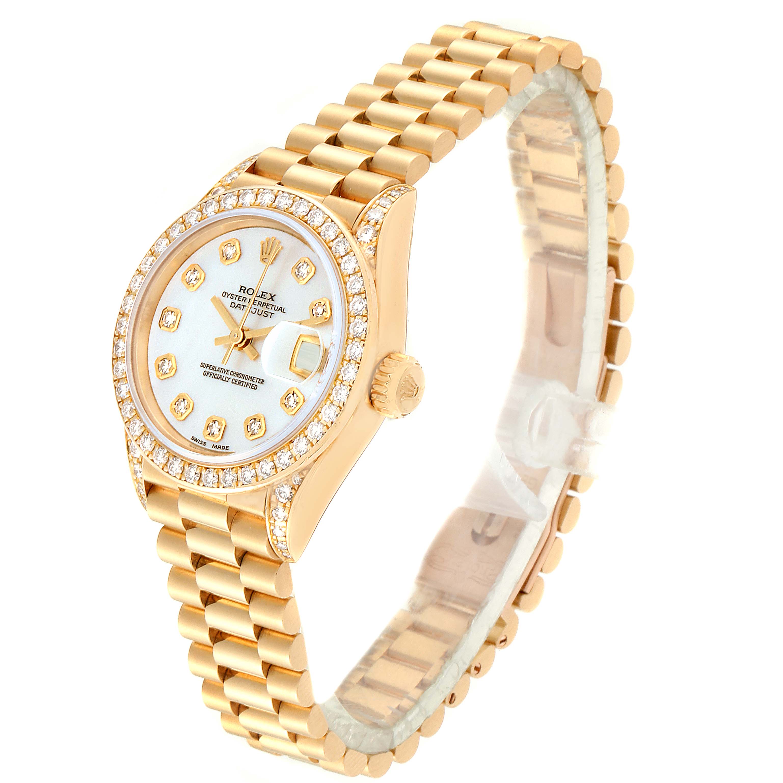 The image shows a Rolex President 69158 Women
s Yellow Gold Mother of Pearl Dial 69158 Women
s Yellow Gold Mother of Pearl Dial model watch at an angle displaying its face, band, and bezel with diamond embellishments.