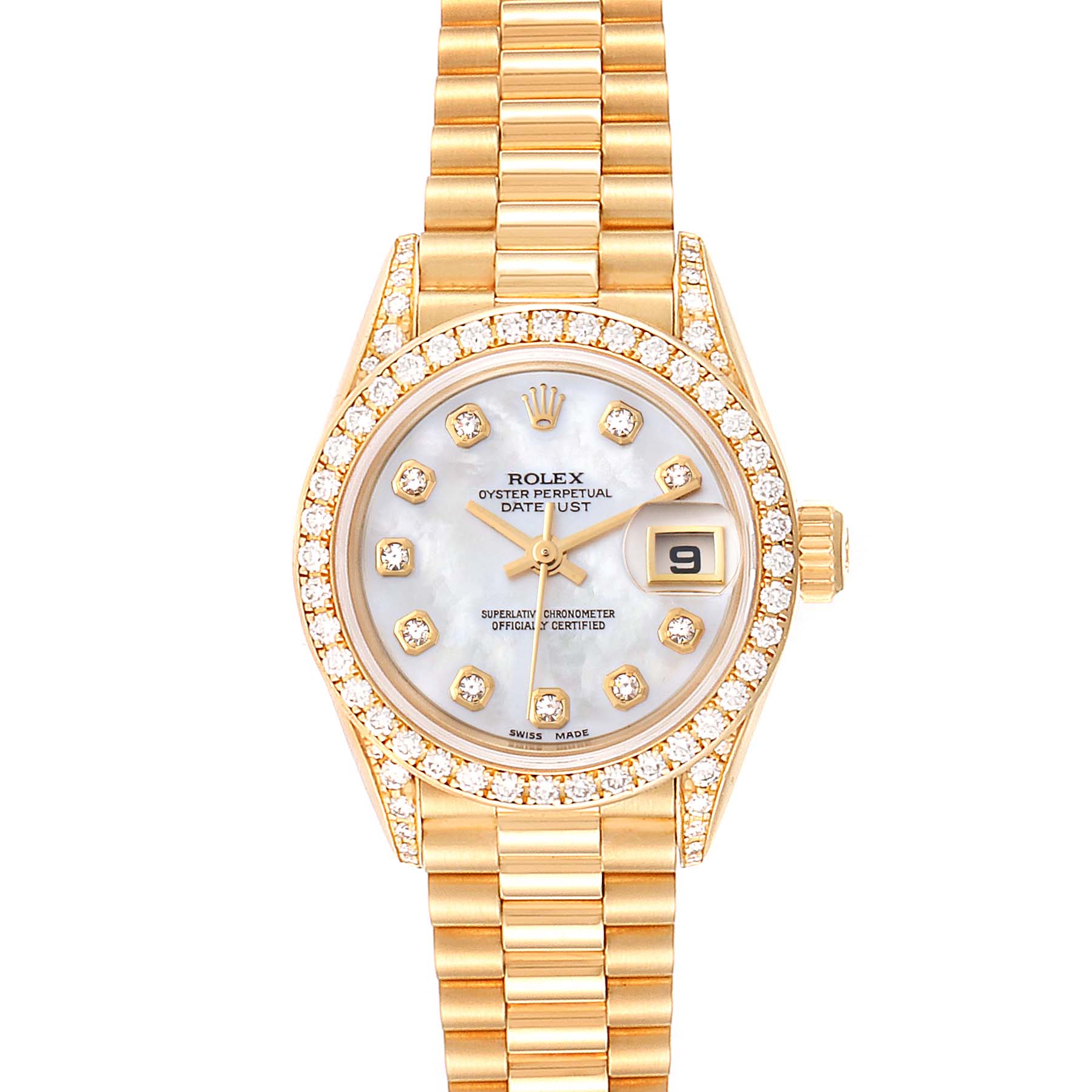 The image shows a top-down view of a Rolex President 69158 Women
s Yellow Gold Mother of Pearl Dial 69158 Women
s Yellow Gold Mother of Pearl Dial model watch, displaying its face, bezel, and bracelet.