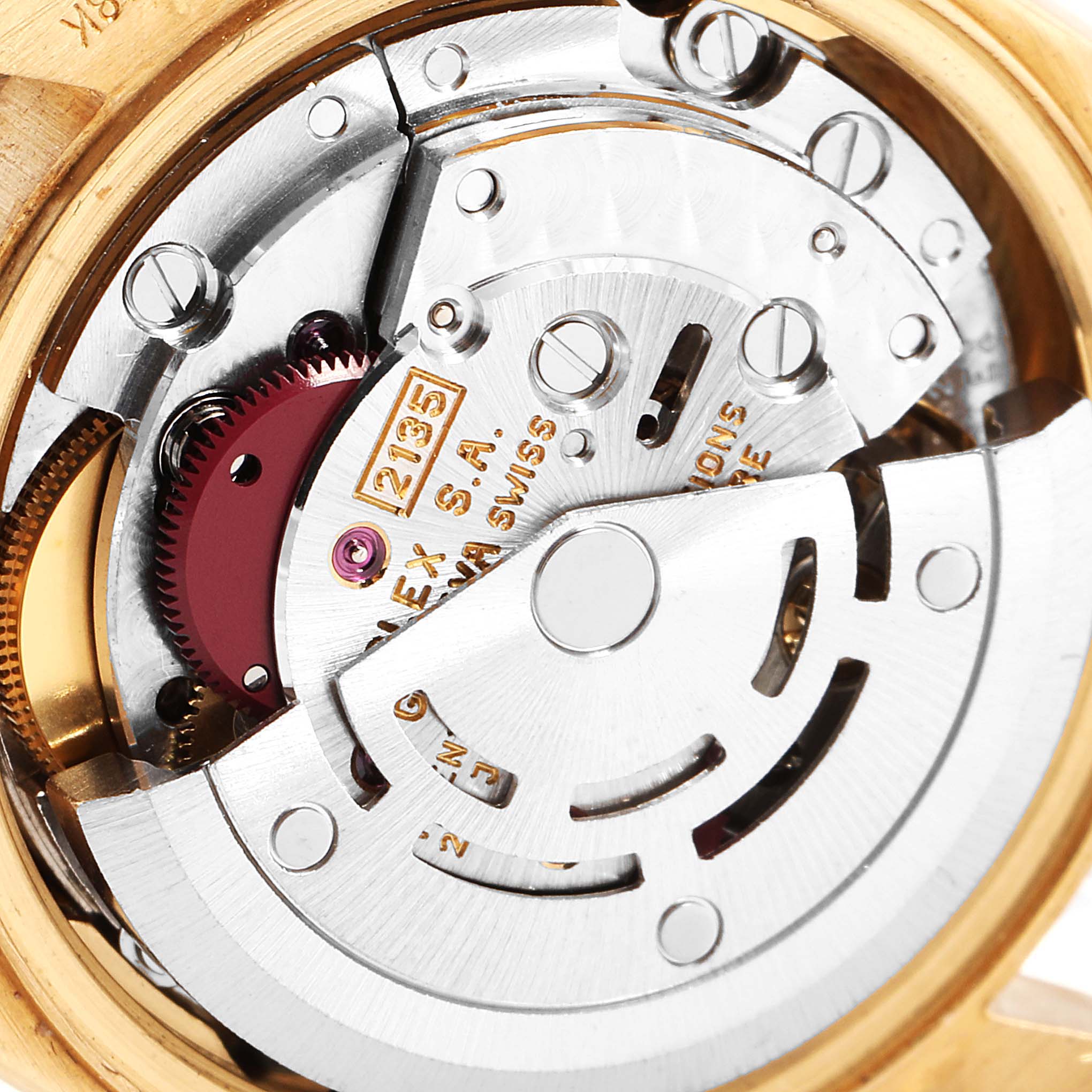 This is a close-up view of the movement and mechanism of the Rolex President 69158 Women
s Yellow Gold Mother of Pearl Dial 69158 Women
s Yellow Gold Mother of Pearl Dial model watch.