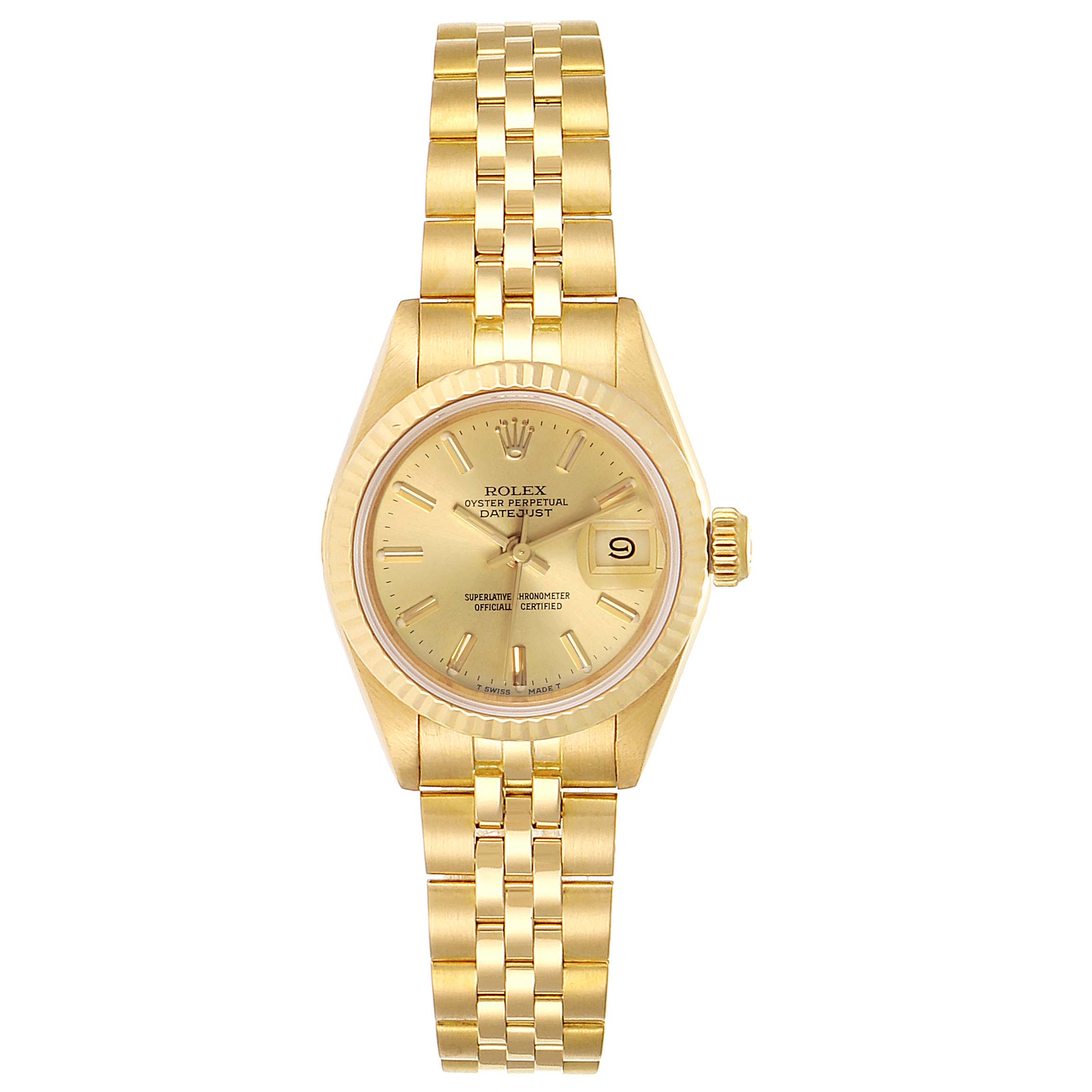 This image shows a full frontal view of a Rolex President 69178 Women's Yellow Gold Champagne Dial 69178 Women's Yellow Gold Champagne Dial model watch, detailing the dial, bezel, bracelet, and date feature.