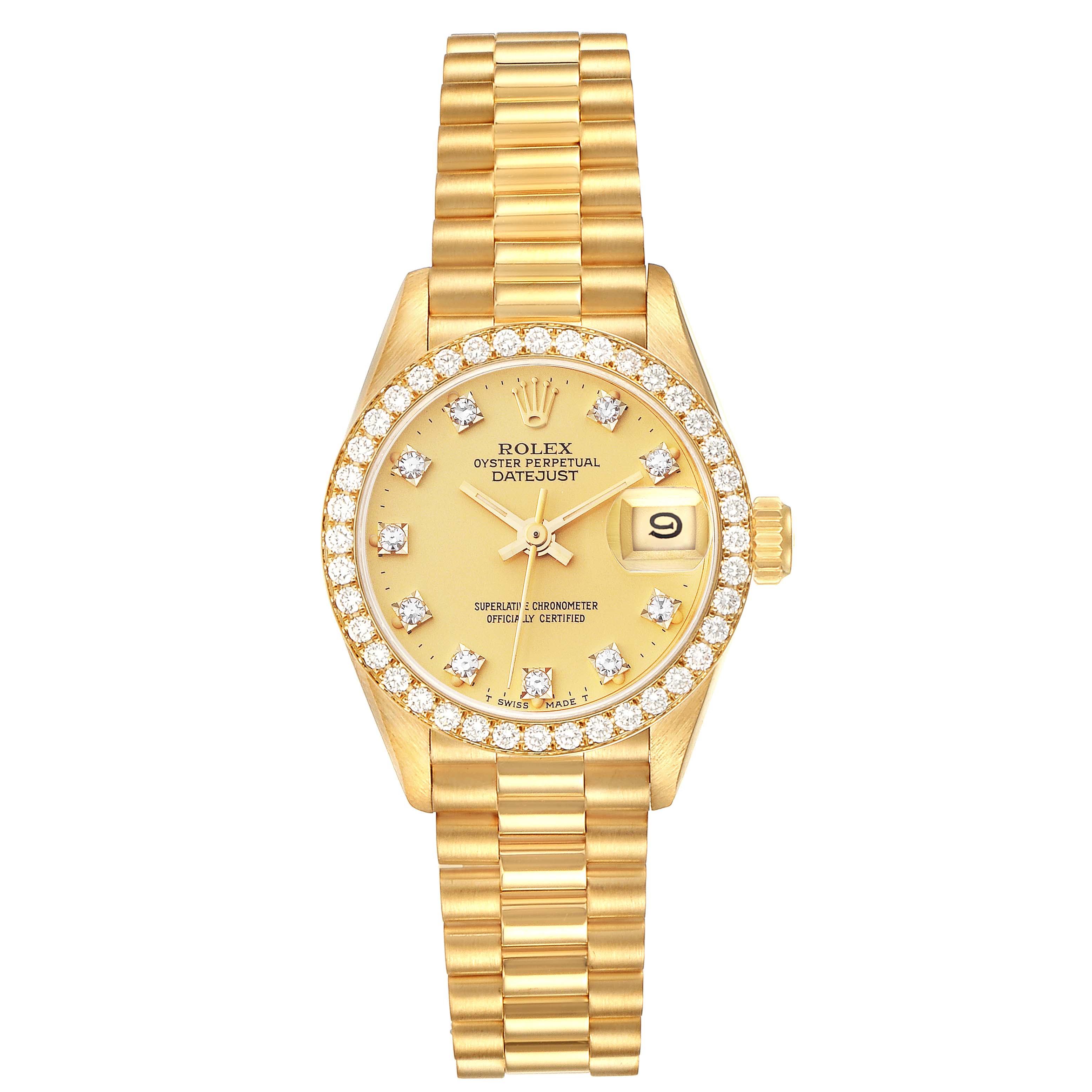 This Rolex President 69138G Women
s Yellow Gold Champagne Dial 69138G Women
s Yellow Gold Champagne Dial model watch is shown from the front, displaying the face, bezel, hands, bracelet, and date window.