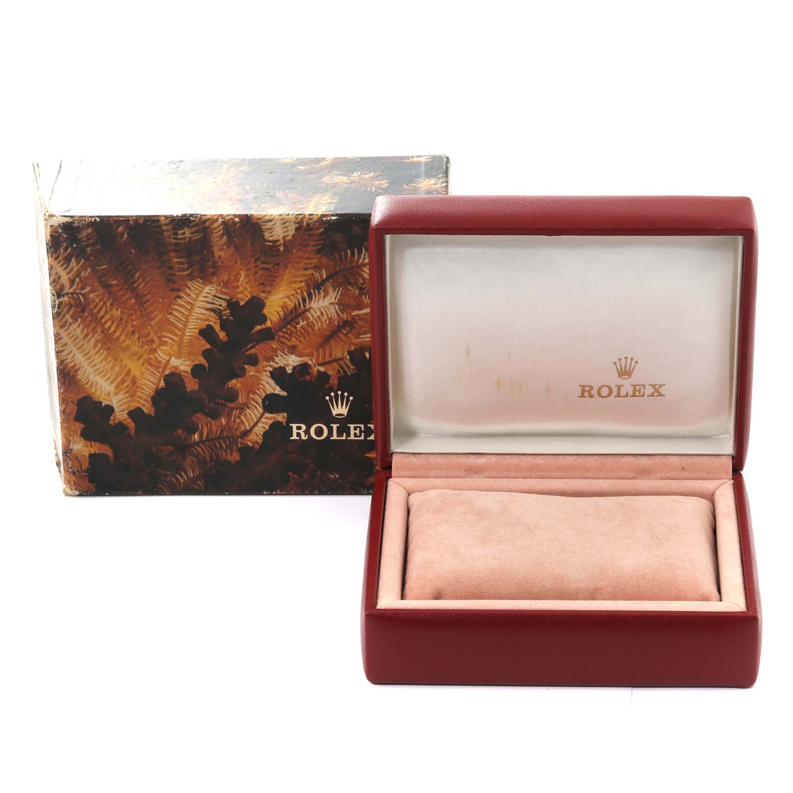 This image shows the original box and an open case for the Rolex President 69138G Women
s Yellow Gold Champagne Dial 69138G Women
s Yellow Gold Champagne Dial model watch, without the watch inside.