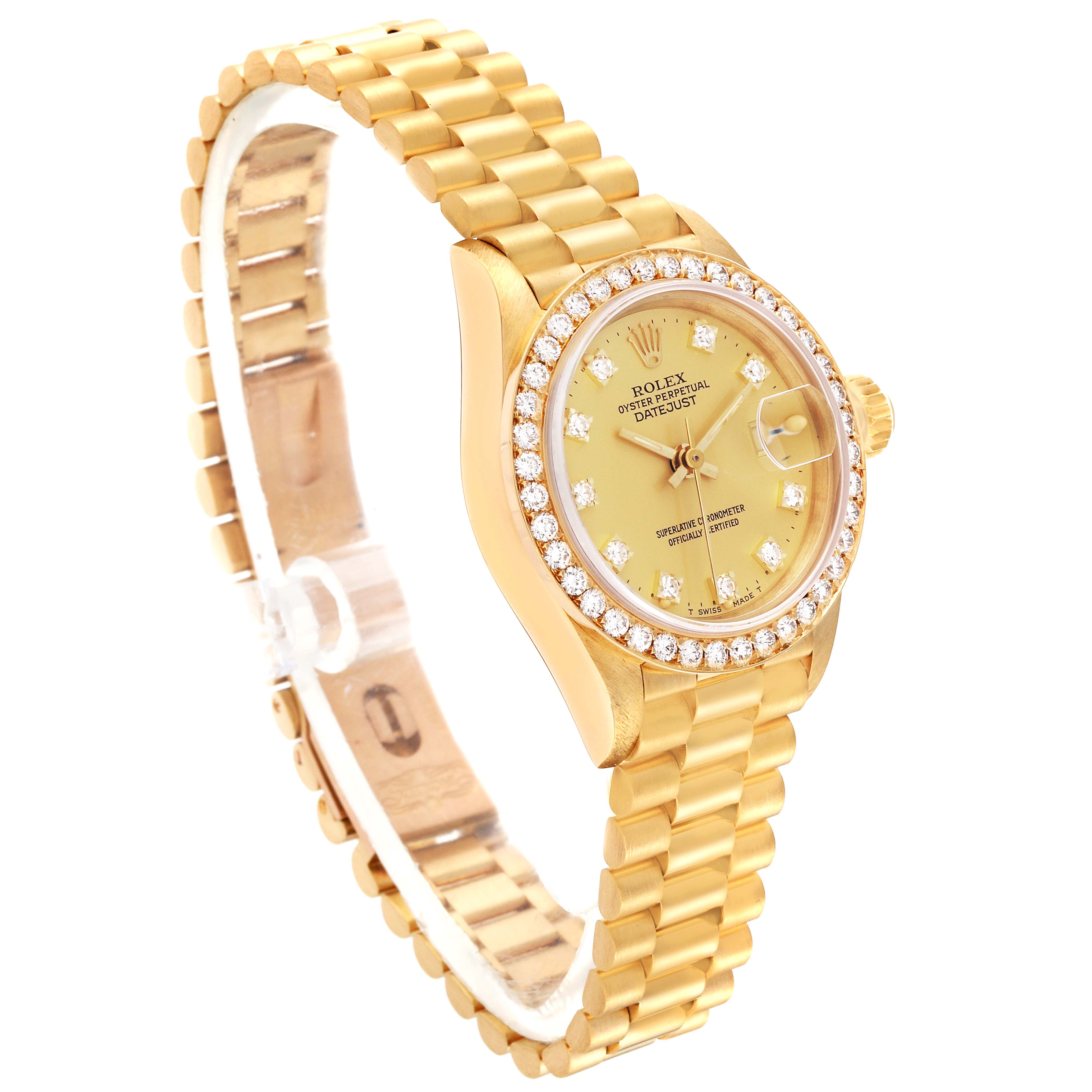 The image shows a Rolex President 69138G Women
s Yellow Gold Champagne Dial 69138G Women
s Yellow Gold Champagne Dial model watch from a top-side angle, highlighting its gold band, diamond bezel, and dial.