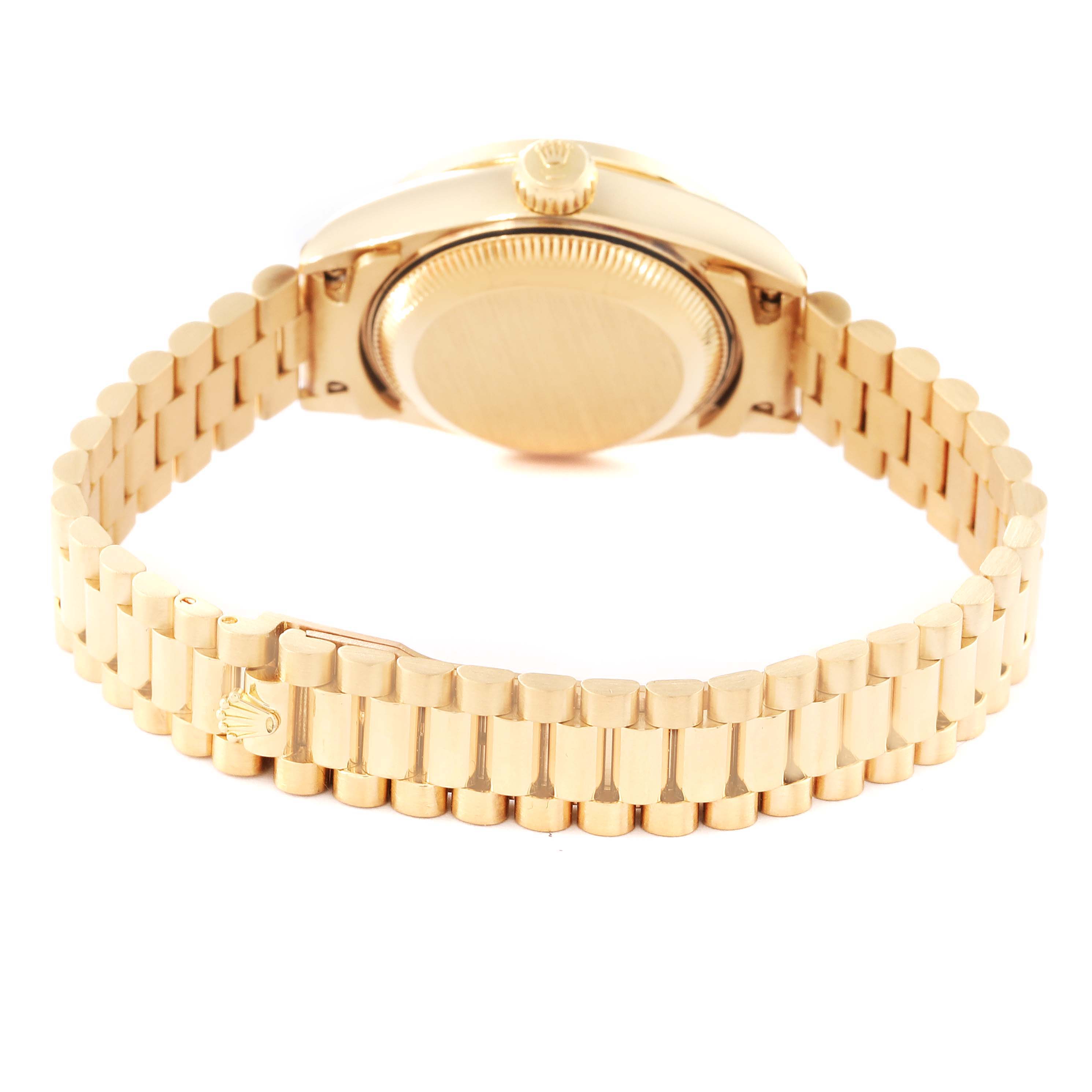 The image shows the back view of the Rolex President 69138G Women
s Yellow Gold Champagne Dial 69138G Women
s Yellow Gold Champagne Dial model watch, including the case back and the gold bracelet.