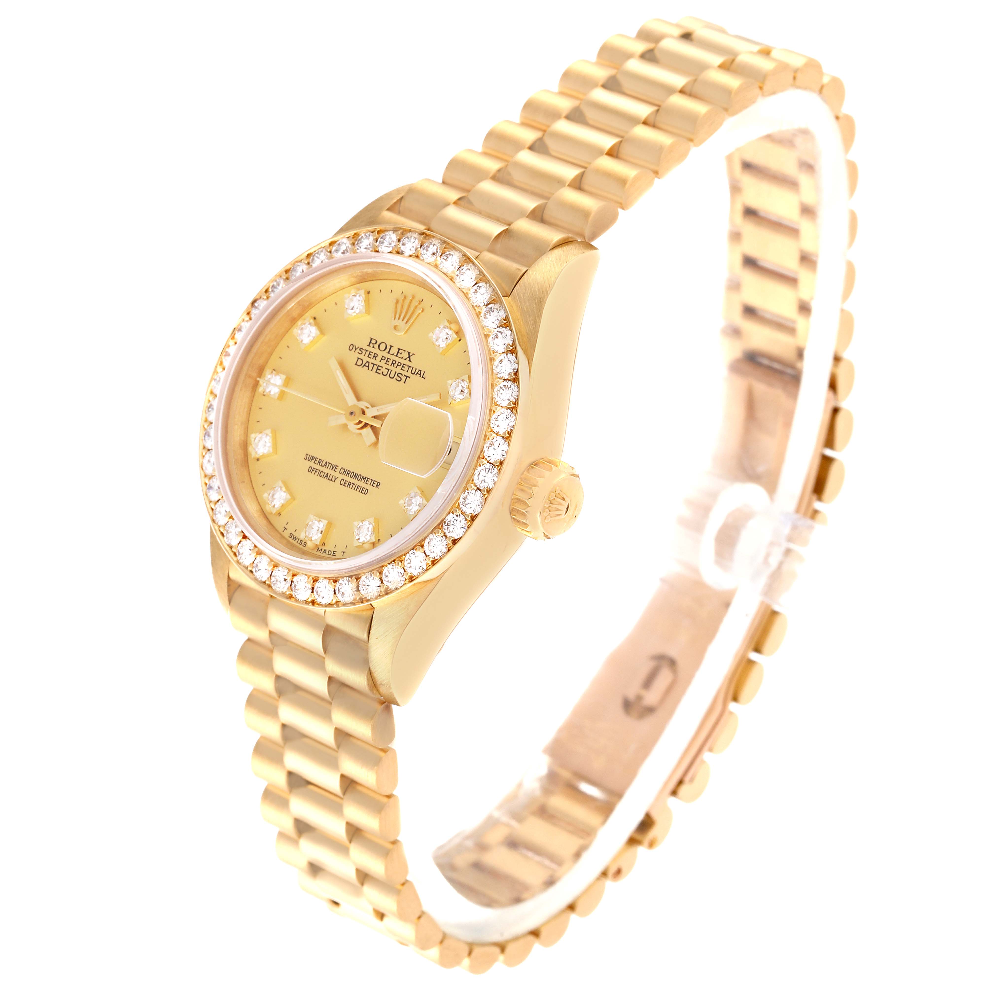 This Rolex President 69138G Women
s Yellow Gold Champagne Dial 69138G Women
s Yellow Gold Champagne Dial model watch is shown at an angled view highlighting the face, bezel, crown, and part of the bracelet.