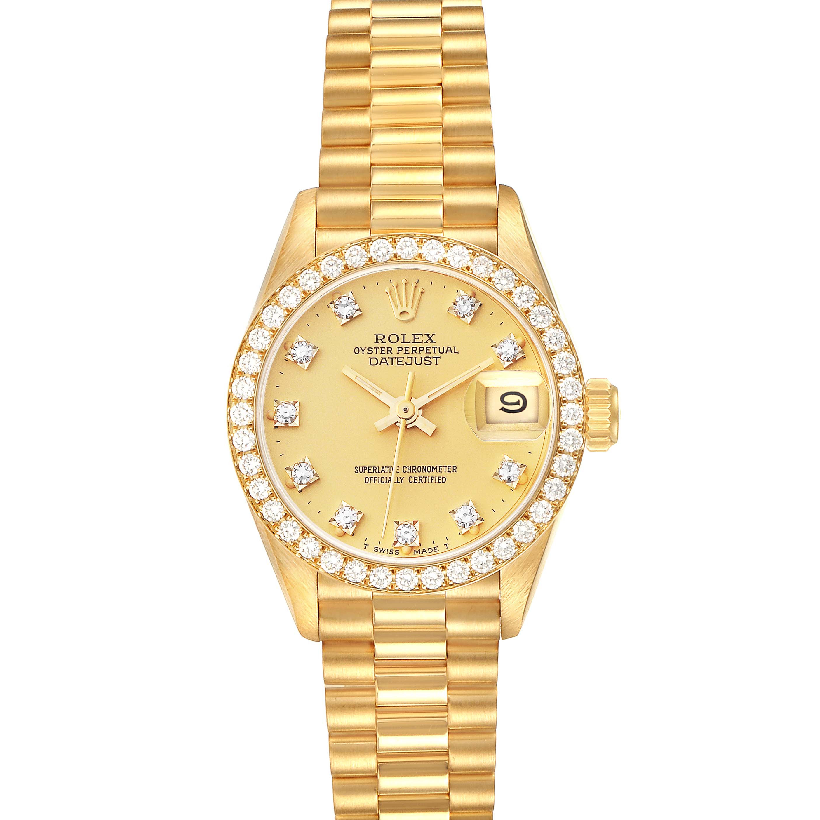 The image shows a top-down view of a Rolex President 69138G Women
s Yellow Gold Champagne Dial 69138G Women
s Yellow Gold Champagne Dial model with a gold band, diamond bezel, and date display.