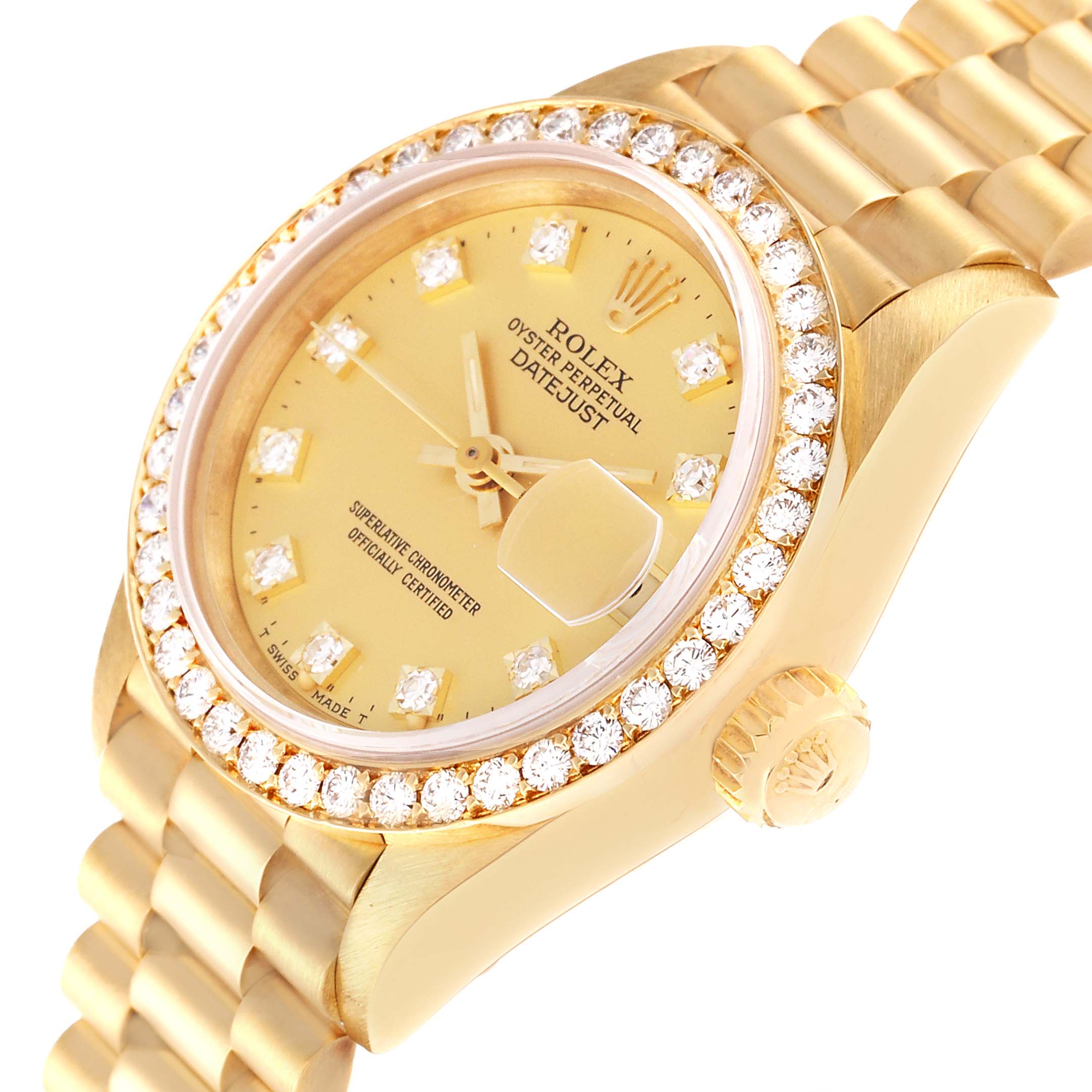 This image shows a gold Rolex President 69138G Women
s Yellow Gold Champagne Dial 69138G Women
s Yellow Gold Champagne Dial model watch at a slight angle, highlighting the bezel, dial, and band.