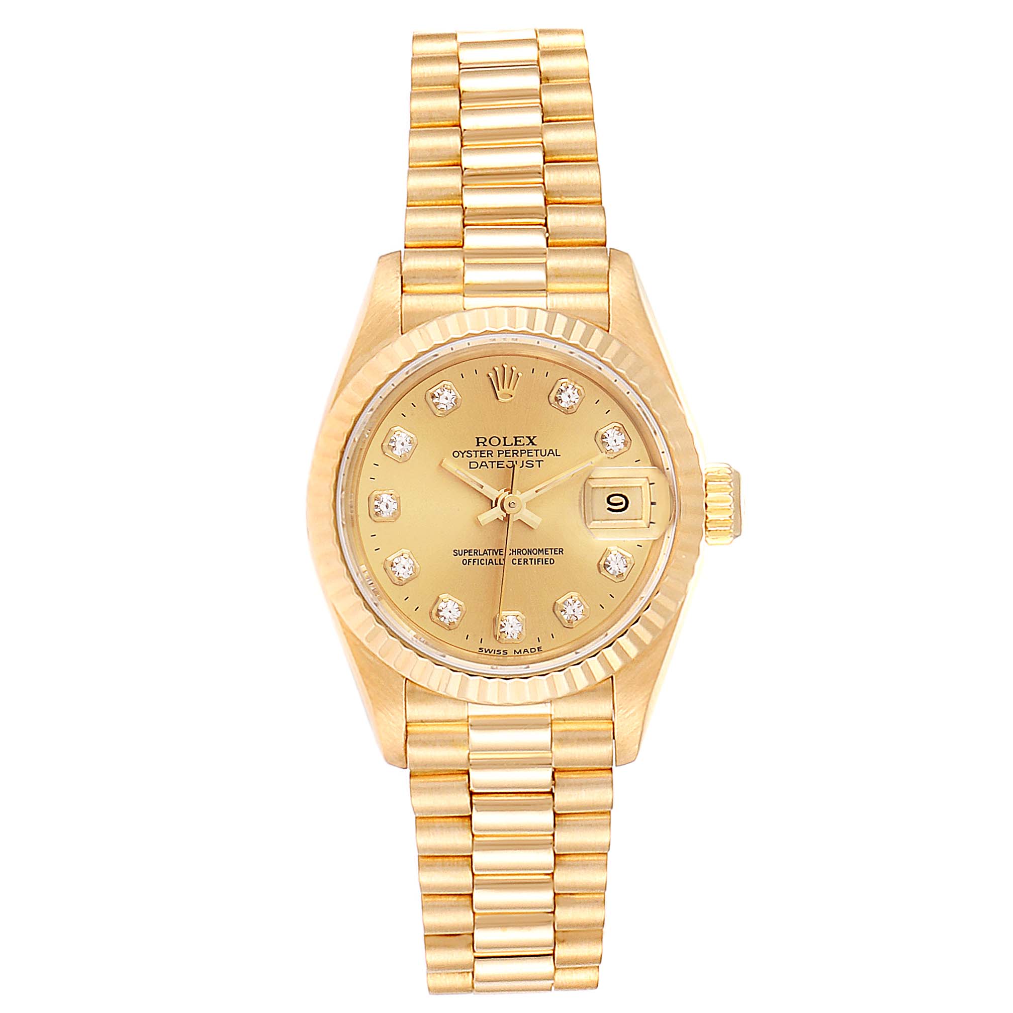 The image shows a front view of the Rolex President 69178 Women
s Yellow Gold Champagne Dial 69178 Women
s Yellow Gold Champagne Dial model watch, displaying the dial, bracelet, and date function.