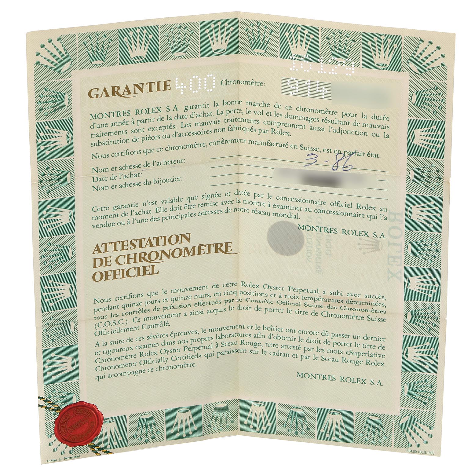 The image shows a Rolex President 18129 Men's White Gold Champagne Dial 18129 Men's White Gold Champagne Dial model warranty certificate unfolded, displaying official text and logos.