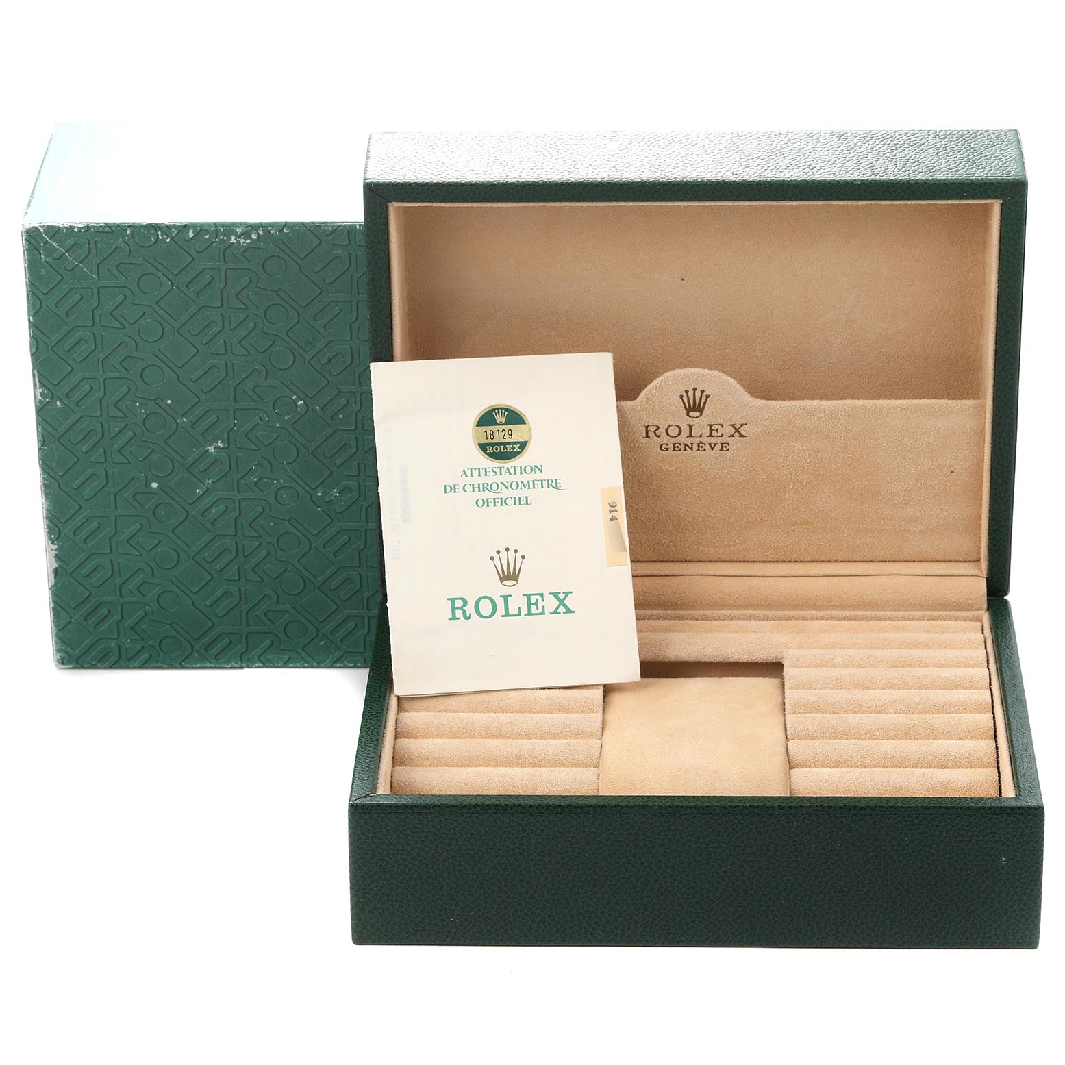 The image shows an open Rolex President 18129 Men's White Gold Champagne Dial 18129 Men's White Gold Champagne Dial watch box at an angle, with certification papers displayed inside.