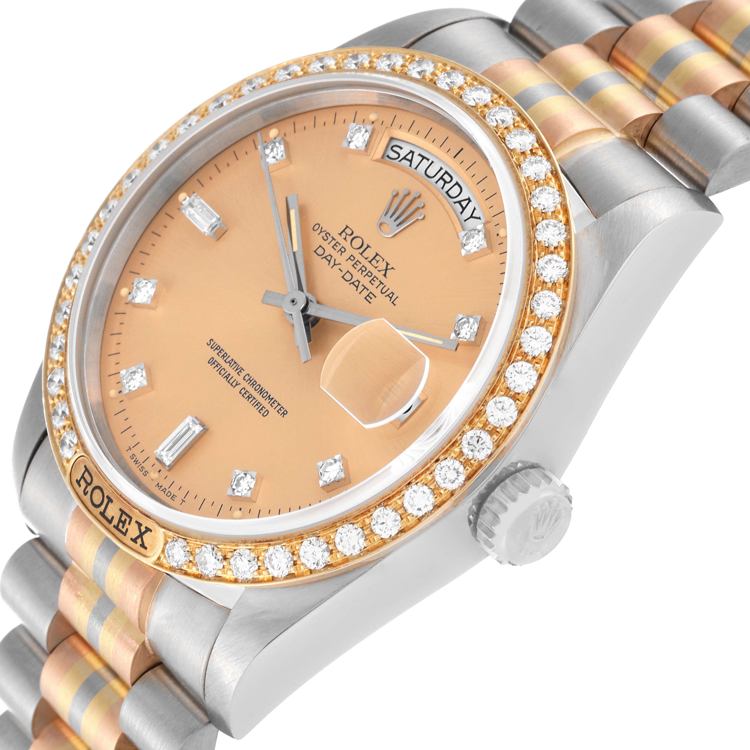 This image shows a close-up angle of the Rolex President 18129 Men's White Gold Champagne Dial 18129 Men's White Gold Champagne Dial watch, highlighting the dial, bezel, crown, and part of the bracelet.