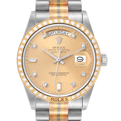 Photo of Rolex President Day-Date Tridor White Yellow Rose Gold Diamond Watch 18129 Paper