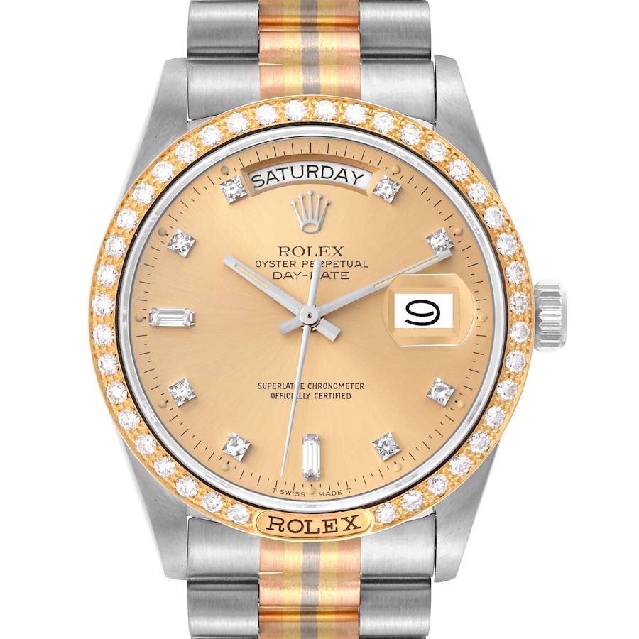 Rolex President Day-Date Tridor White Yellow Rose Gold Diamond Watch 18129 Papers SwissWatchExpo