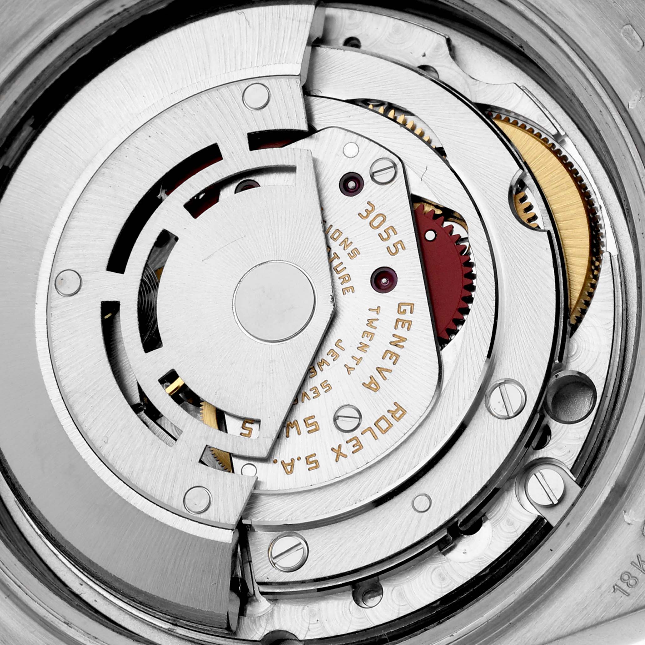 This image shows the detailed internal mechanism of the Rolex President 18129 Men's White Gold Champagne Dial 18129 Men's White Gold Champagne Dial model, viewed from the back.