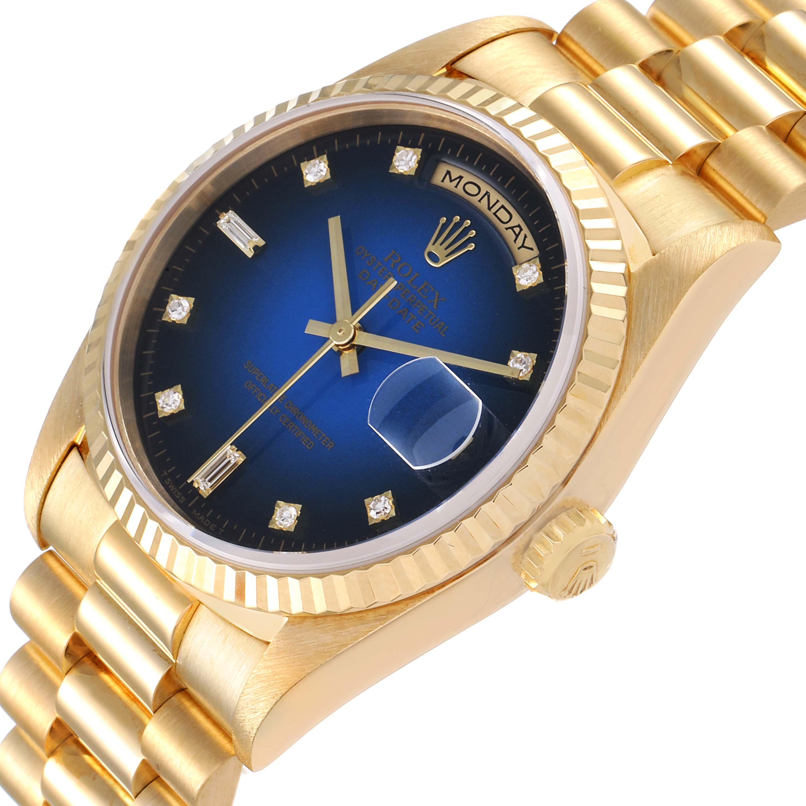 This image shows a close-up angled view of the Rolex President 18238 Men's Yellow Gold Blue Dial 18238 Men's Yellow Gold Blue Dial model watch, highlighting the gold case, blue dial, and bracelet.
