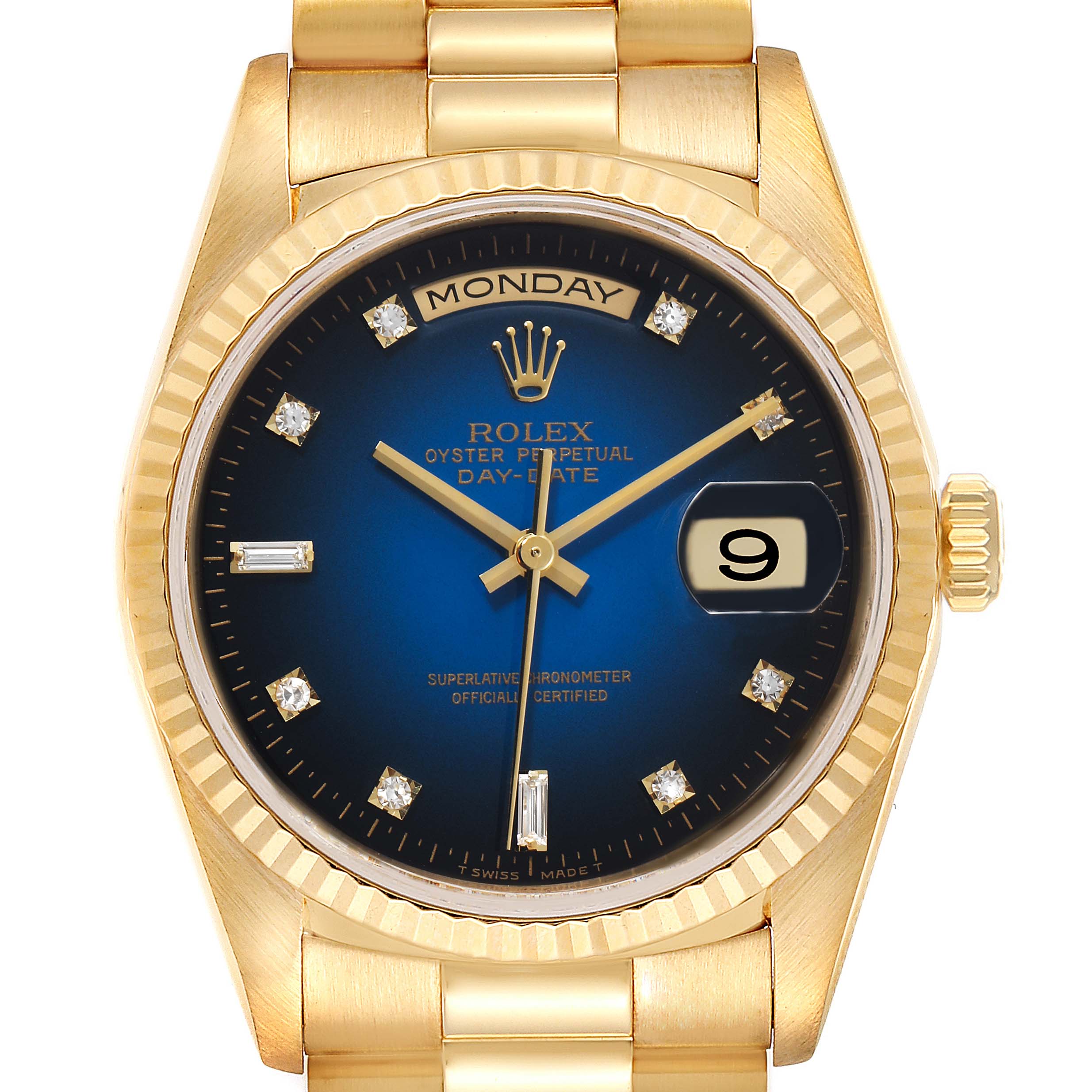 This image shows the face and a portion of the band of the Rolex President 18238 Men's Yellow Gold Blue Dial 18238 Men's Yellow Gold Blue Dial model watch at a front angle.