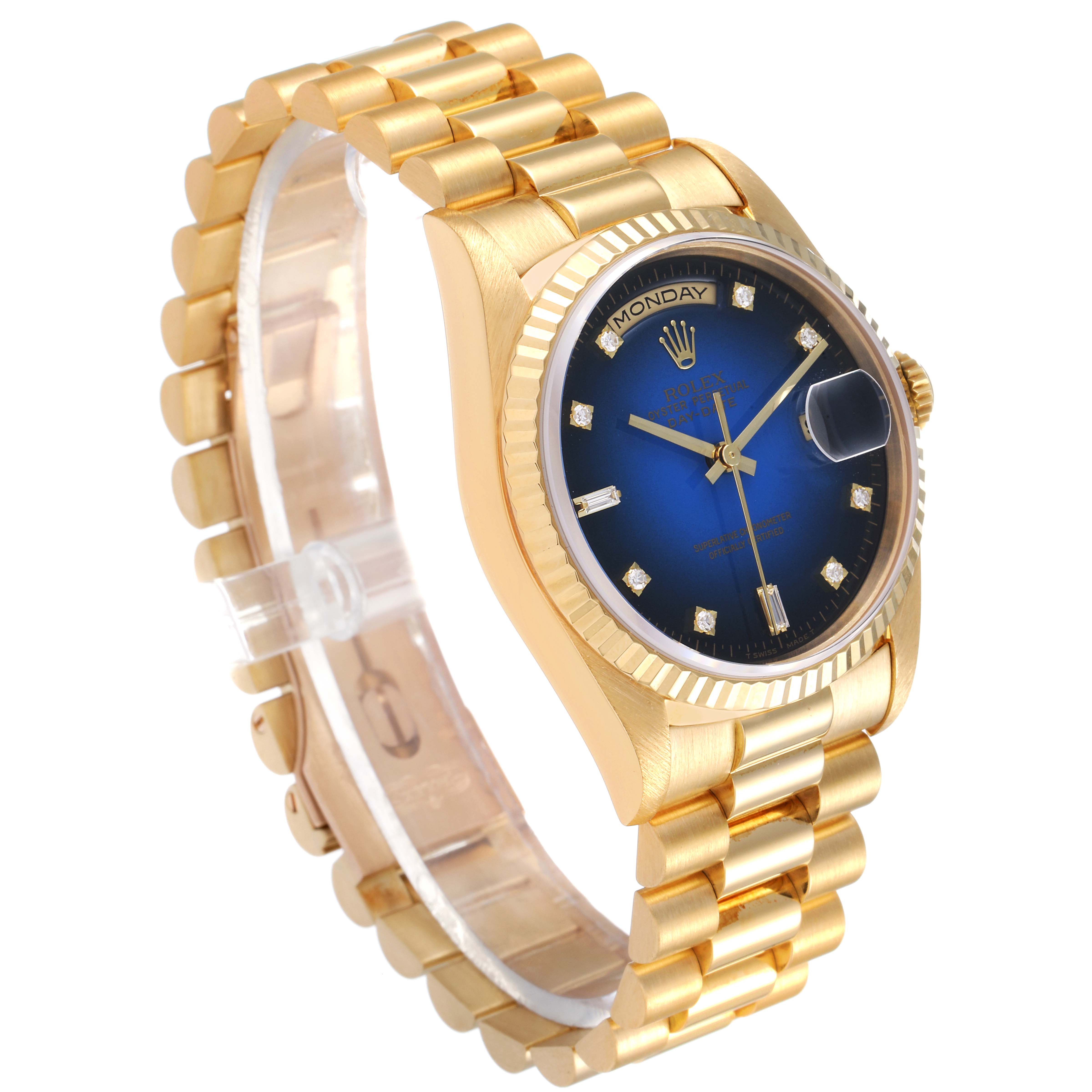 The image shows a side angle view of a Rolex President 18238 Men's Yellow Gold Blue Dial 18238 Men's Yellow Gold Blue Dial model watch, highlighting its gold bracelet, blue dial, and fluted bezel.