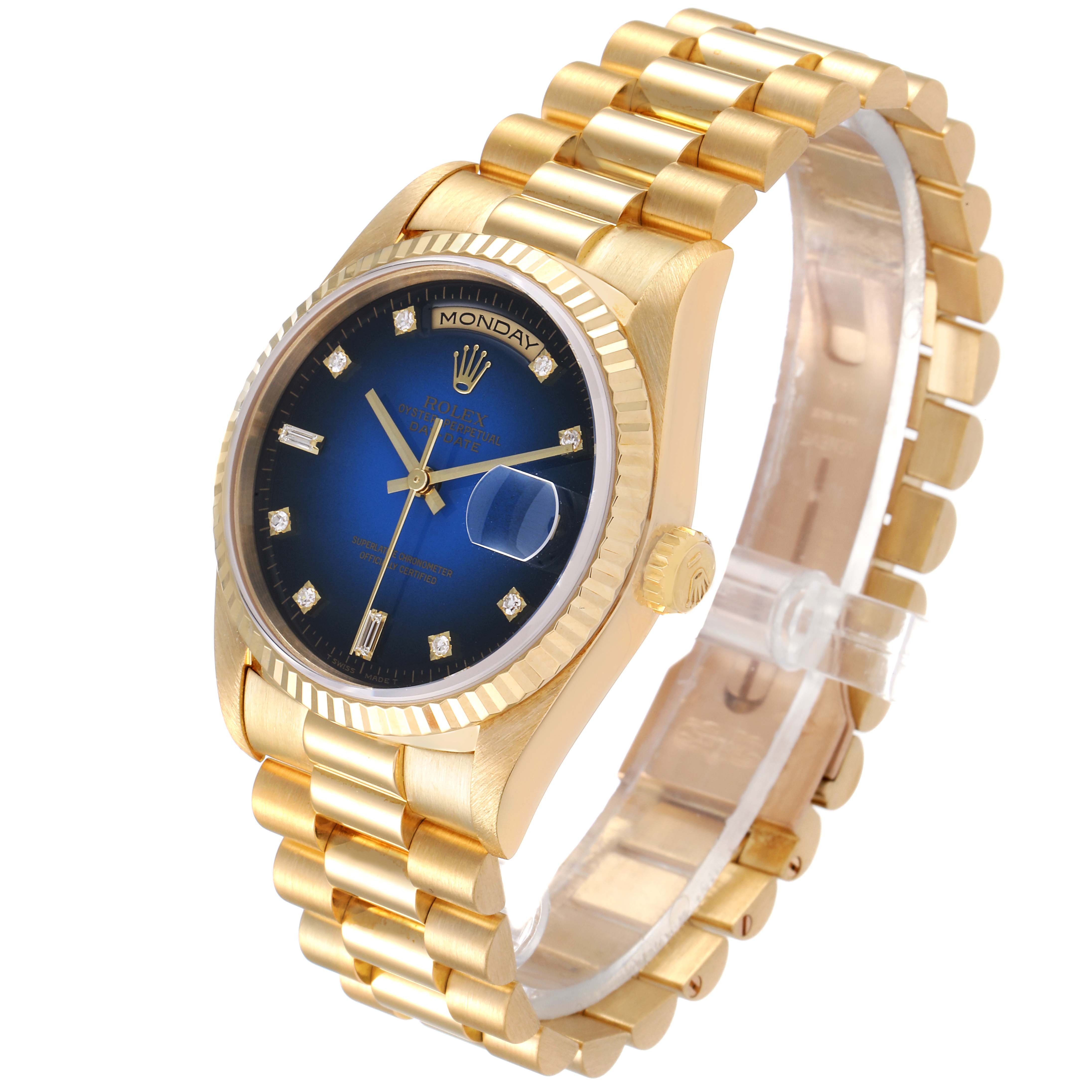 This image shows a Rolex President 18238 Men's Yellow Gold Blue Dial 18238 Men's Yellow Gold Blue Dial model watch with a gold bracelet and a blue face, viewed from an angled front perspective.