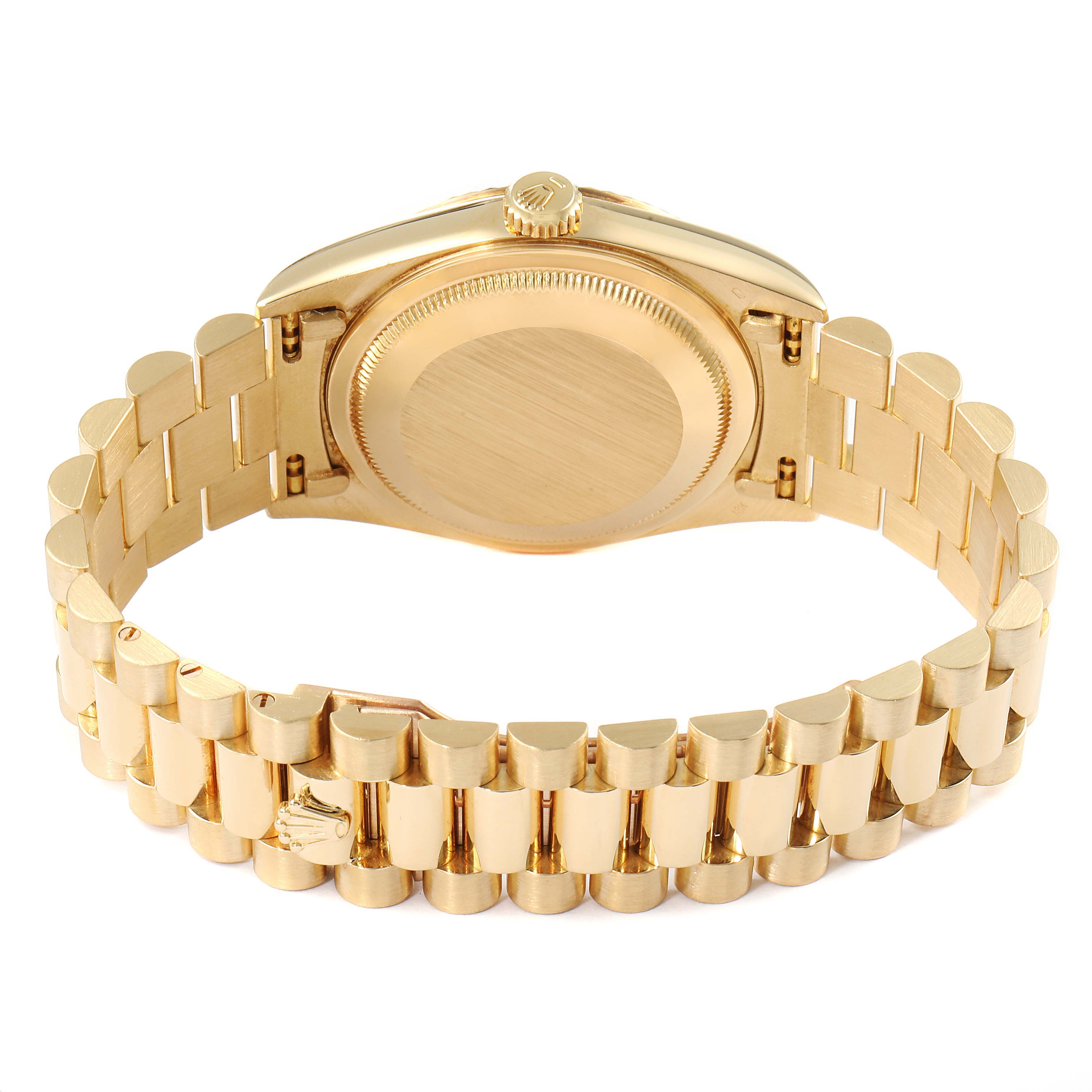 The image shows the back and bracelet of a Rolex President 18238 Men's Yellow Gold Blue Dial 18238 Men's Yellow Gold Blue Dial model watch from an overhead angle.