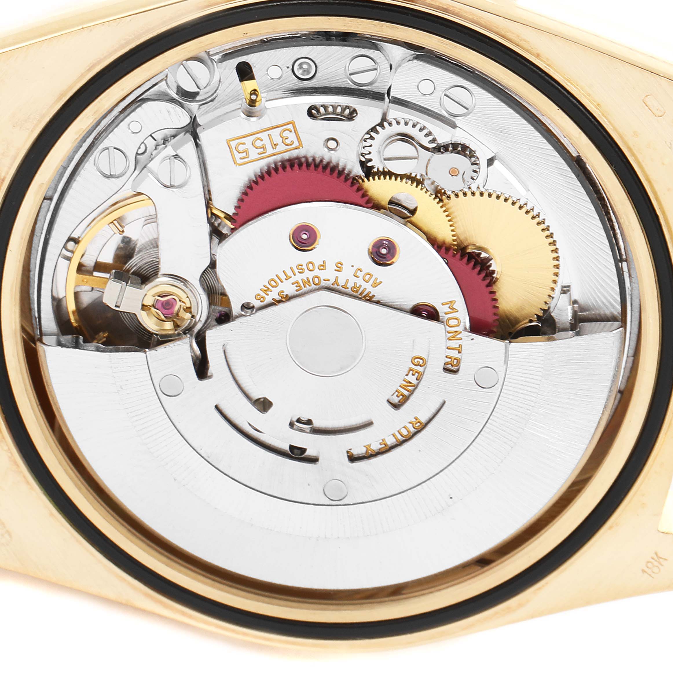 This image shows the internal mechanical movement of a Rolex President 18238 Men's Yellow Gold Blue Dial 18238 Men's Yellow Gold Blue Dial model watch at a close-up angle.