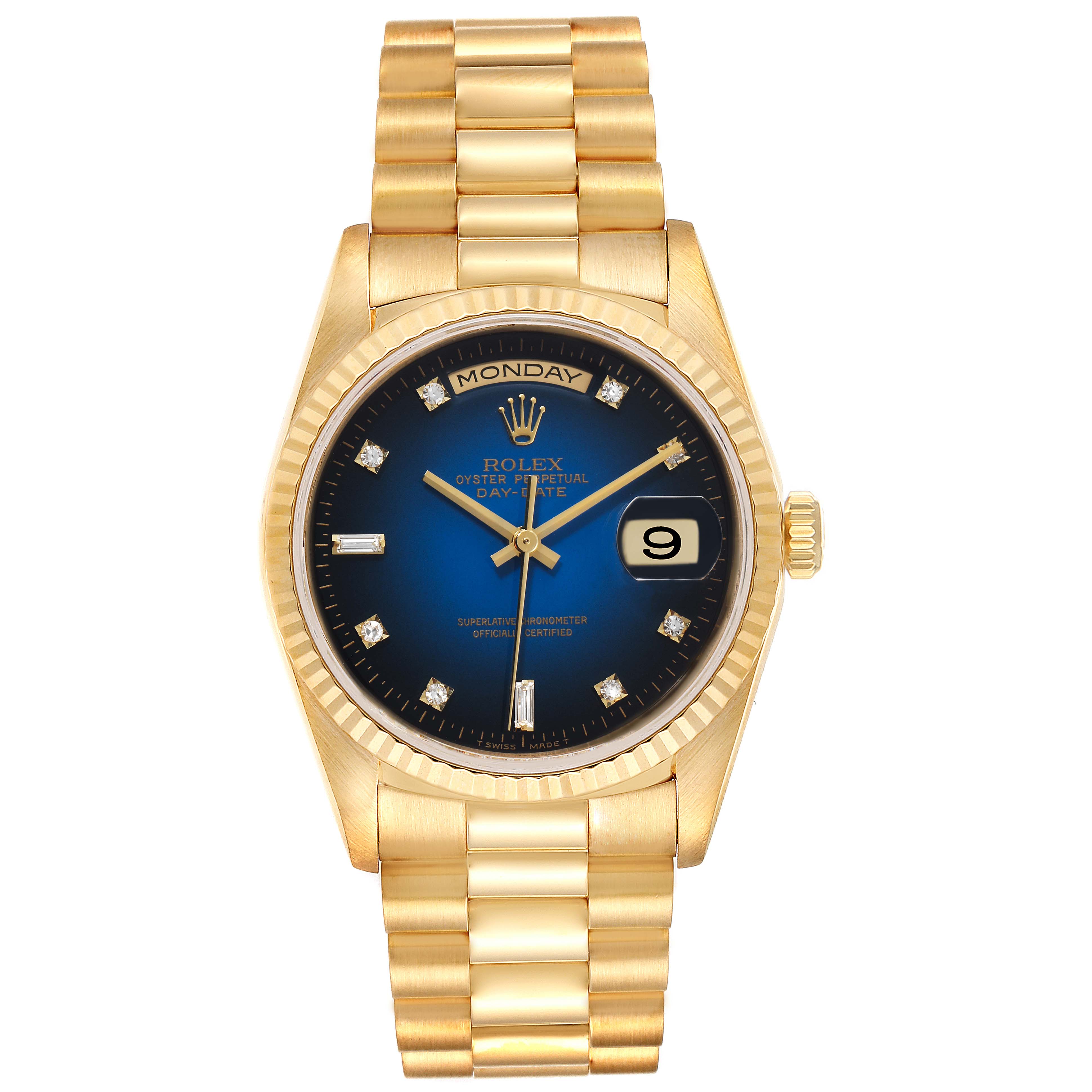 This is a front view of a Rolex President 18238 Men's Yellow Gold Blue Dial 18238 Men's Yellow Gold Blue Dial model watch, showcasing the blue dial, day, date, and gold bracelet.