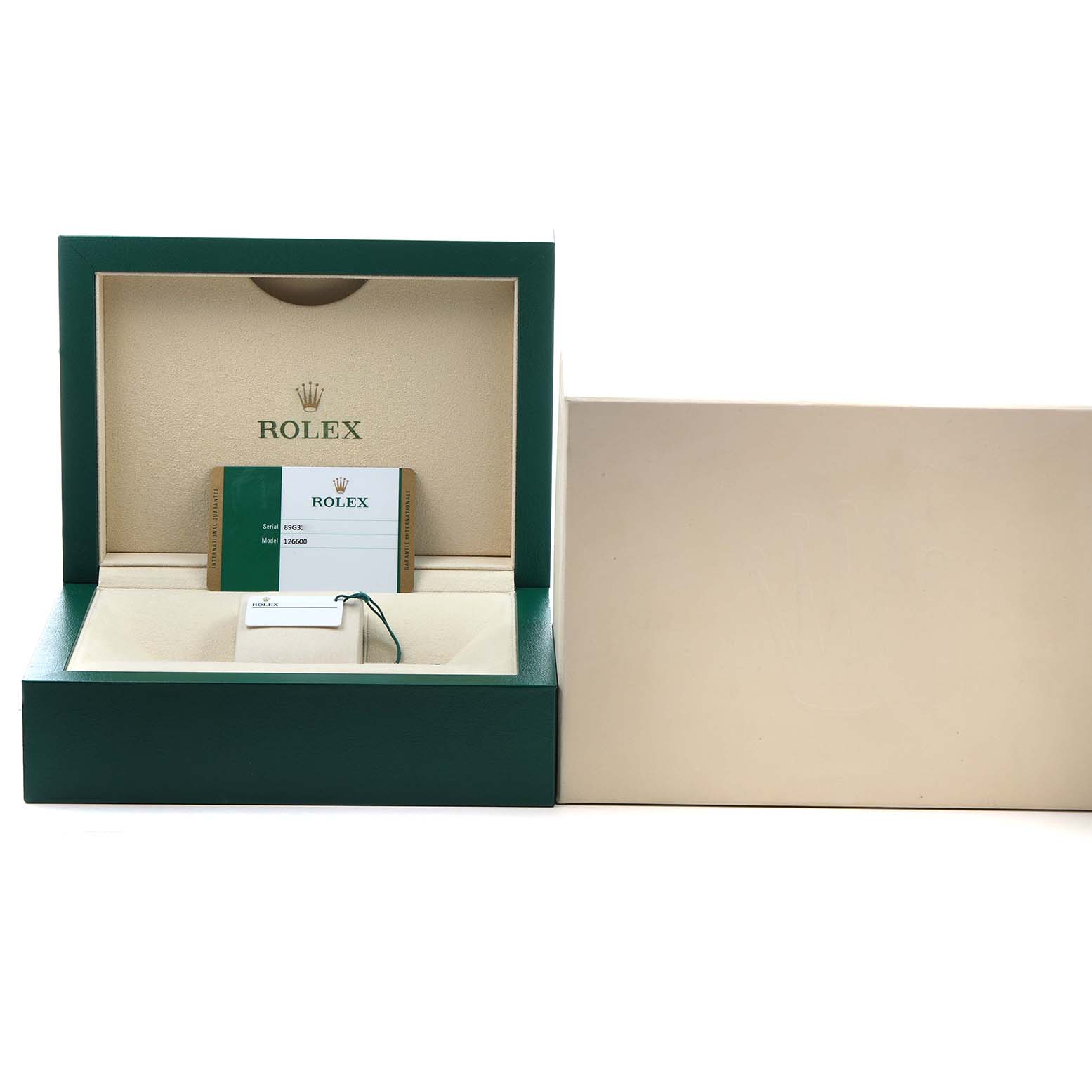 The image shows an open Rolex Sea-Dweller 126600 Men's Stainless Steel Black Dial watch box containing warranty cards and a tag, viewed from the front.