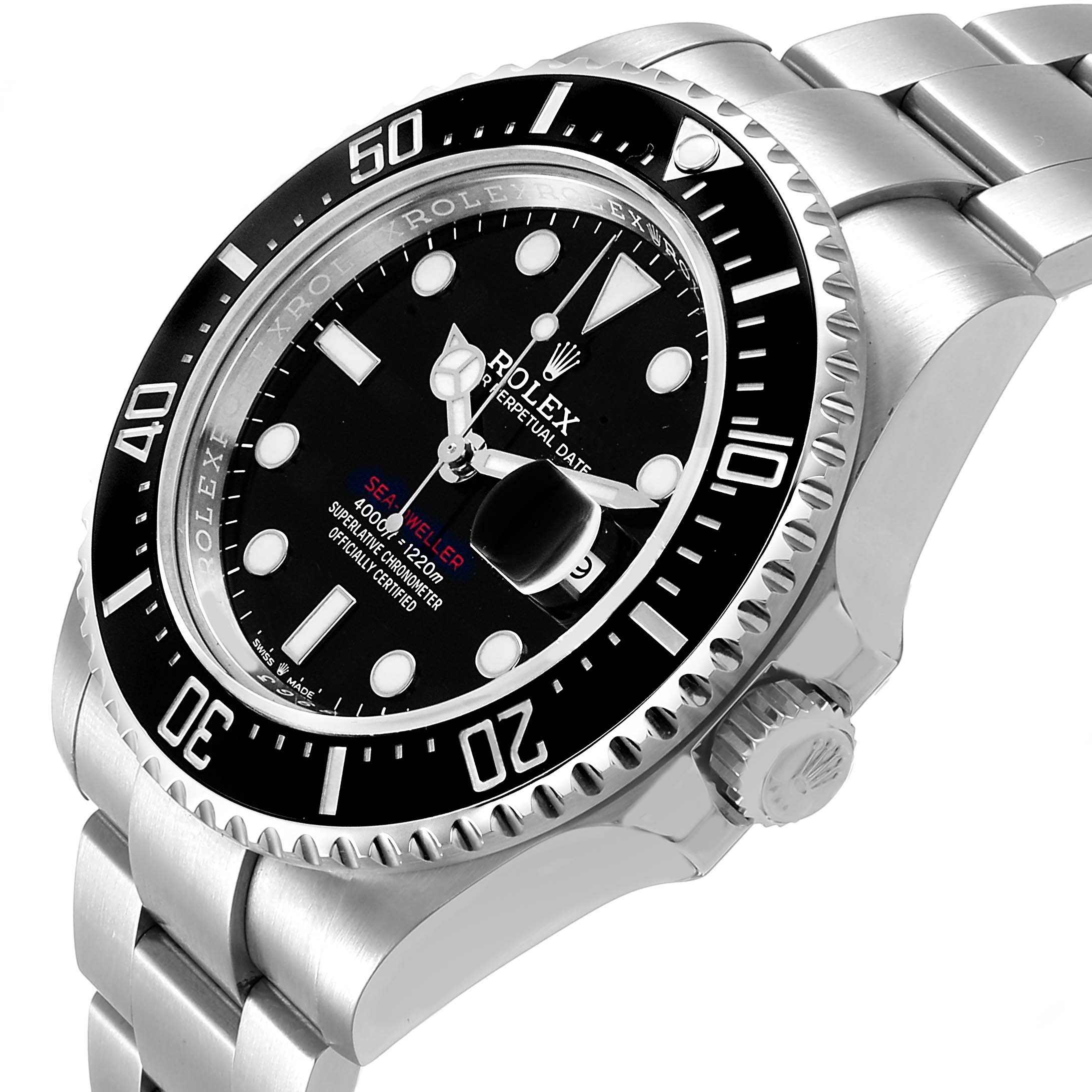 The Rolex Sea-Dweller 126600 Men's Stainless Steel Black Dial watch is shown at a three-quarter angle, highlighting the bezel, dial, crown, and bracelet.