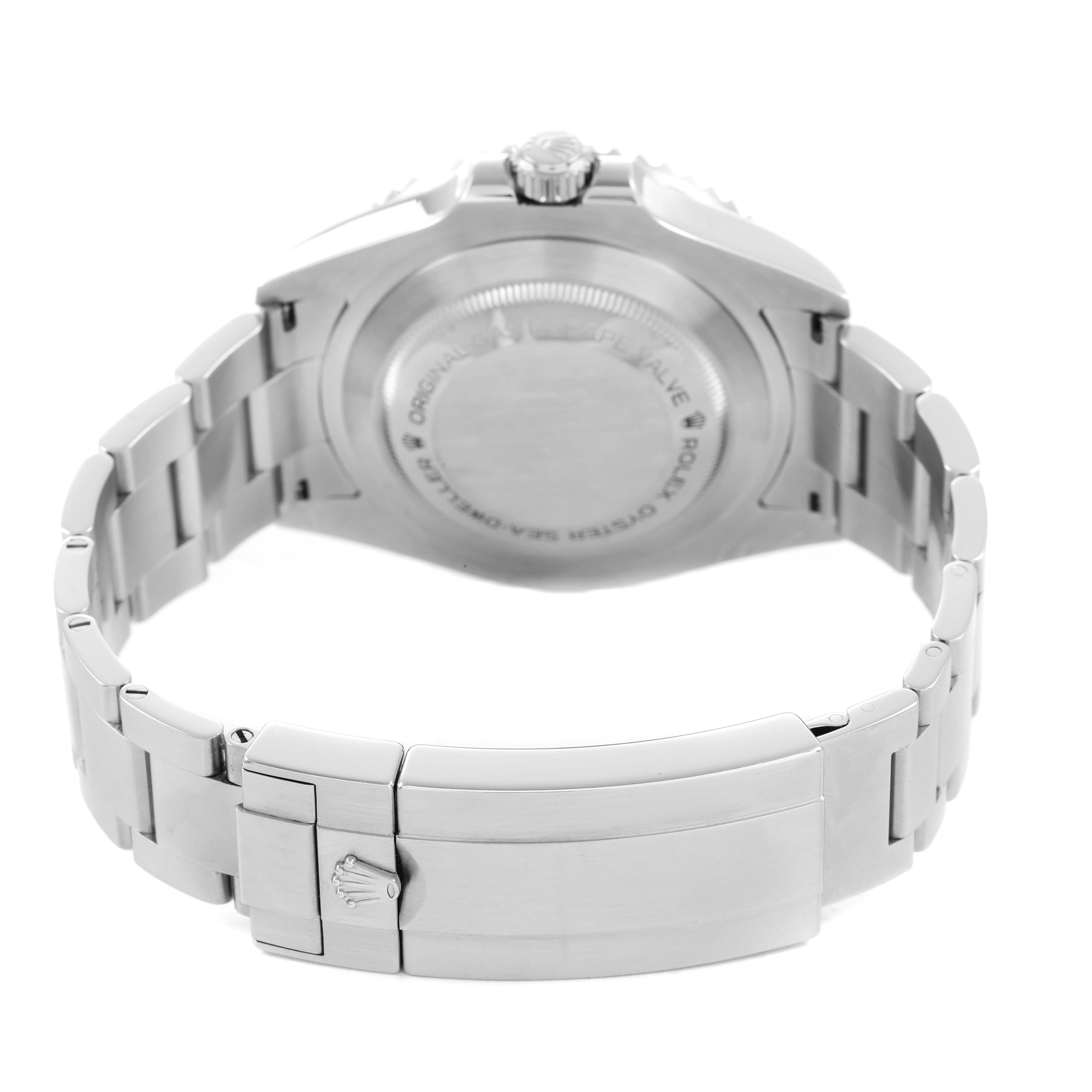 The Rolex Sea-Dweller 126600 Men's Stainless Steel Black Dial is shown from the back, focusing on the case back, bracelet, and clasp.
