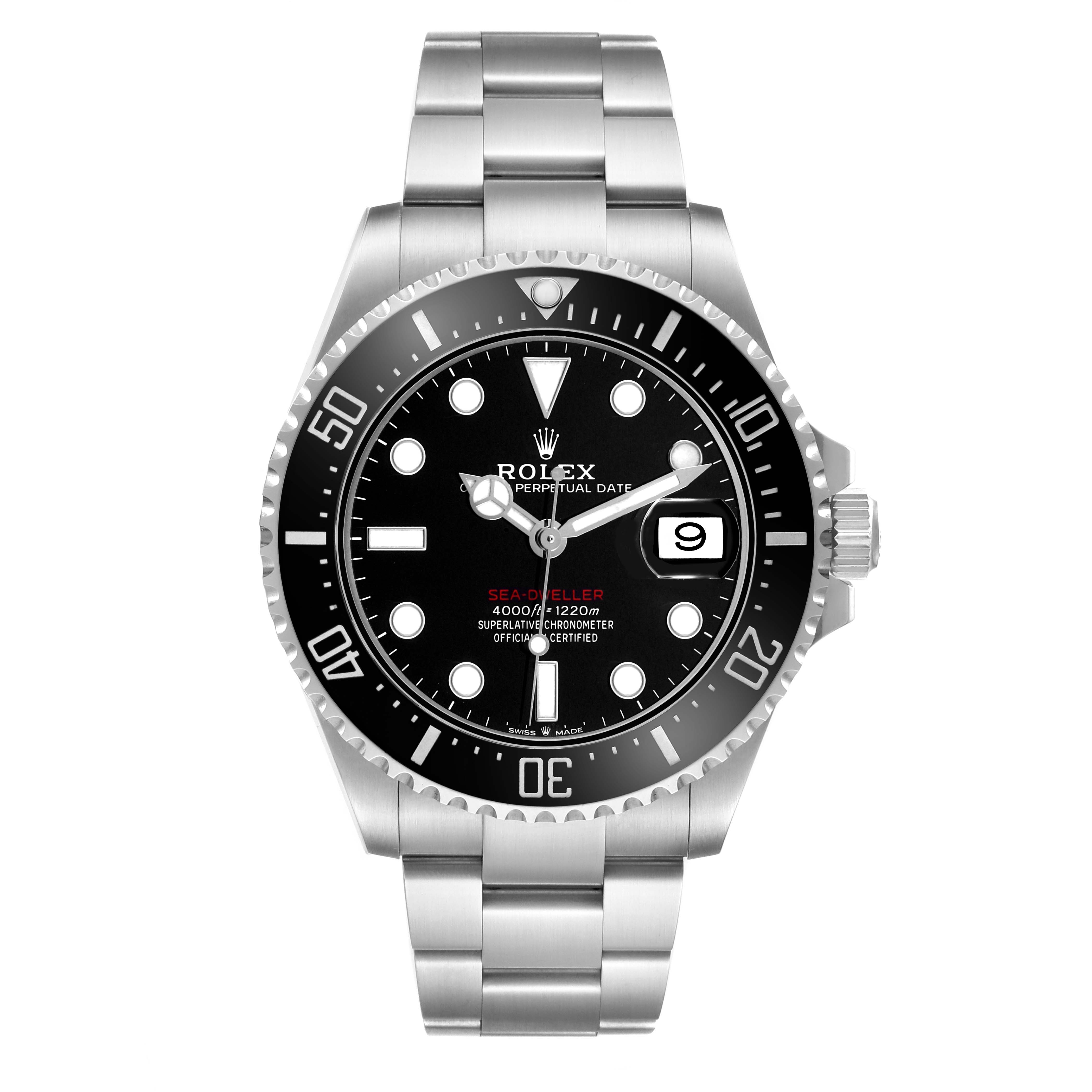 The Rolex Sea-Dweller 126600 Men's Stainless Steel Black Dial is shown from the front, highlighting its dial, bezel, bracelet, and date magnifier.