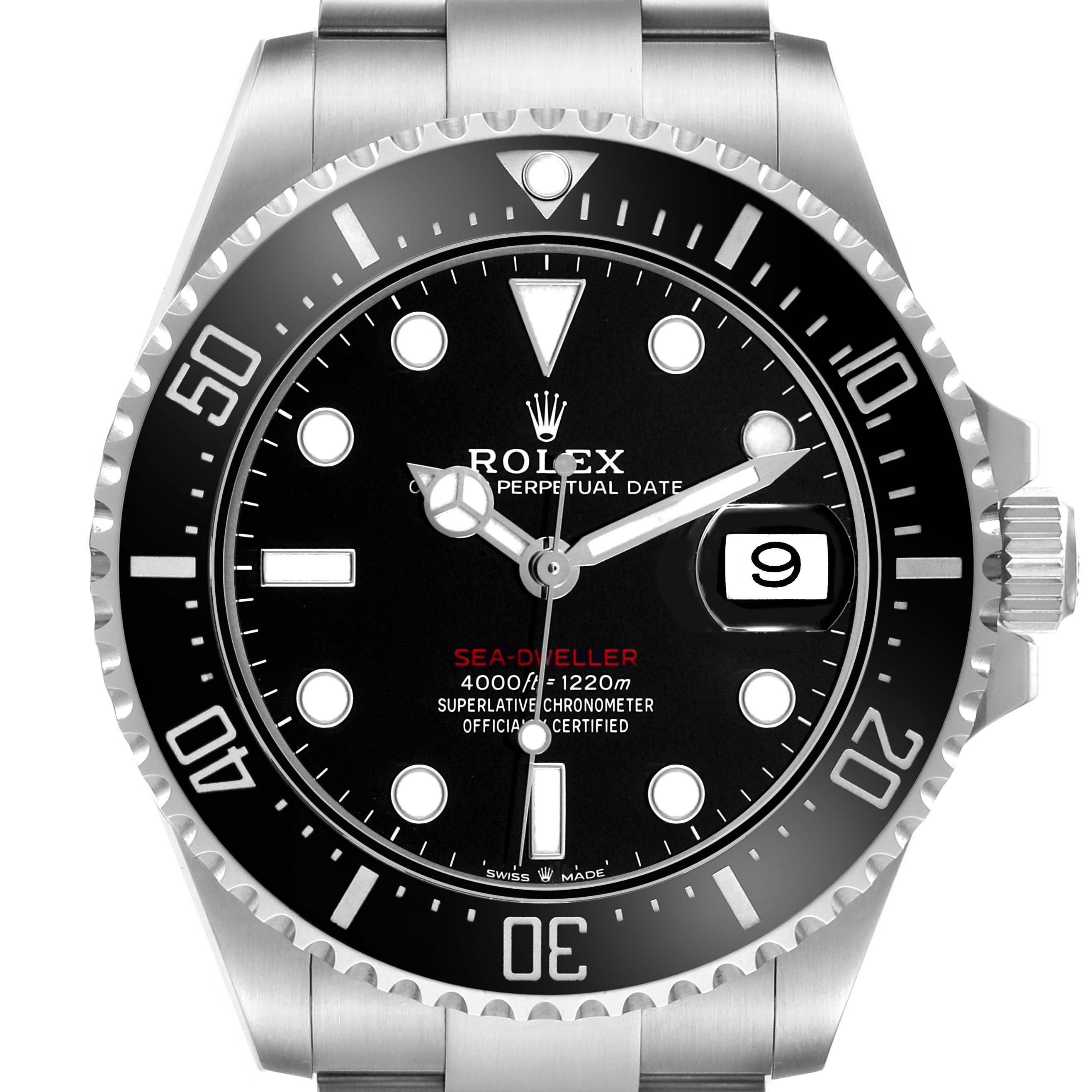 The Rolex Sea-Dweller 126600 Men's Stainless Steel Black Dial watch is shown from a front angle, highlighting the dial, bezel, and a portion of the bracelet.