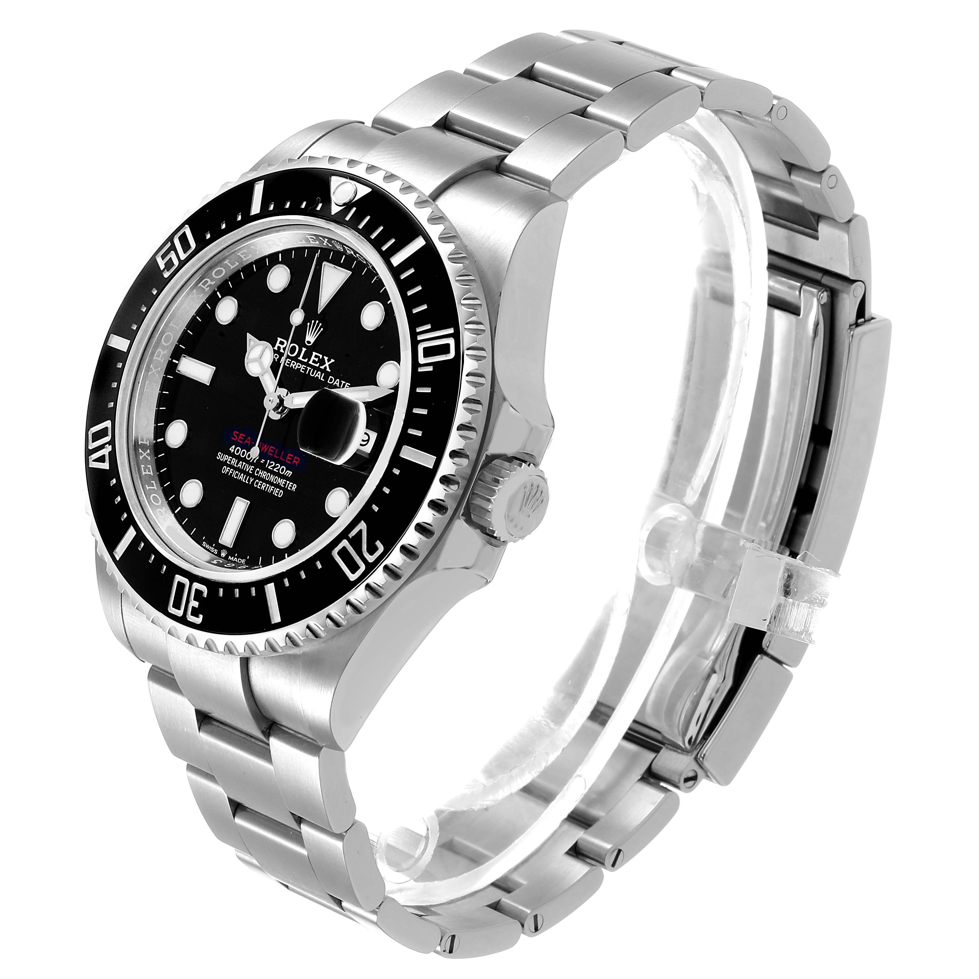 The Rolex Sea-Dweller 126600 Men's Stainless Steel Black Dial watch is shown at a three-quarter angle, highlighting the bezel, dial, bracelet, and crown.