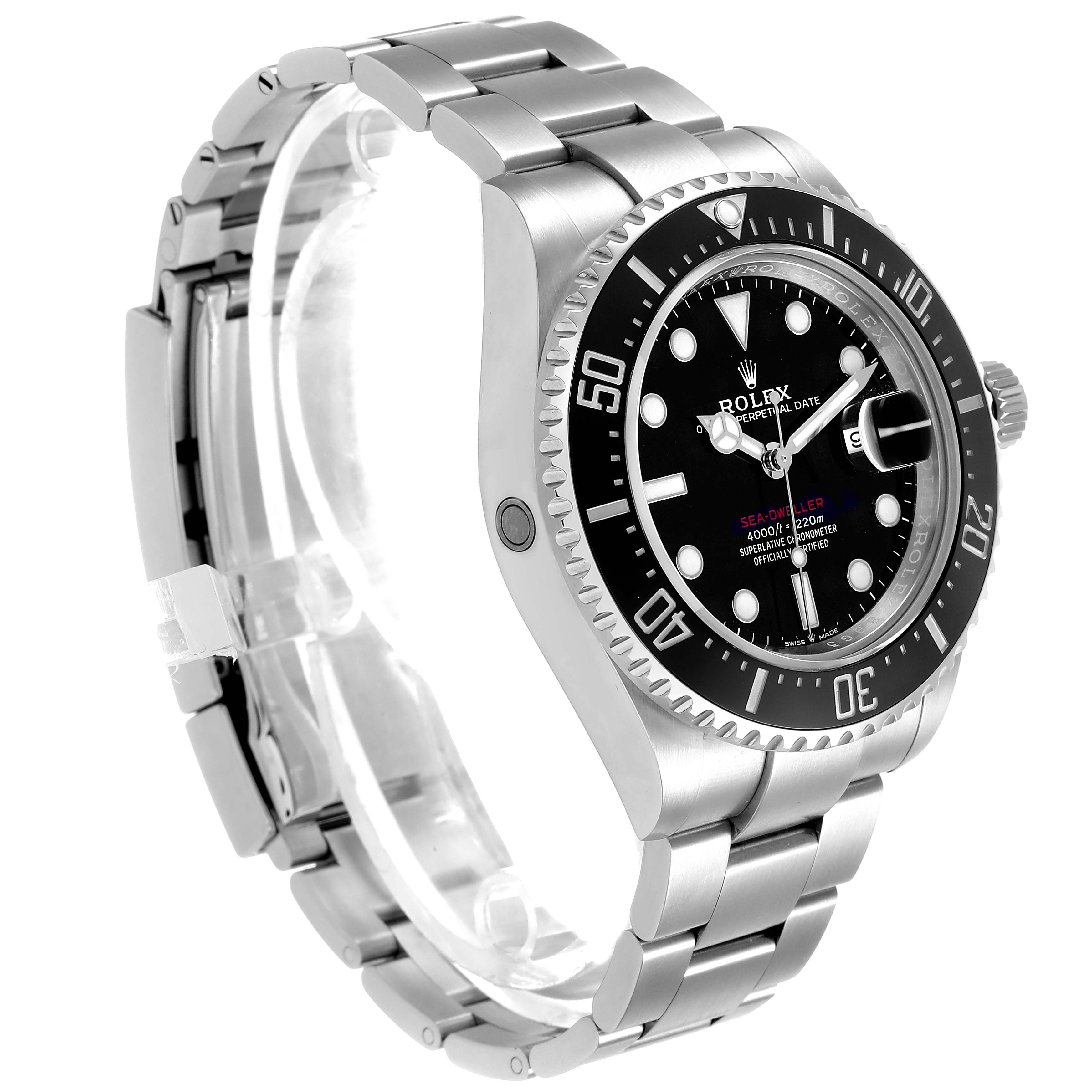 The Rolex Sea-Dweller 126600 Men's Stainless Steel Black Dial watch is shown at a three-quarter angle displaying the bezel, dial, case, and bracelet.