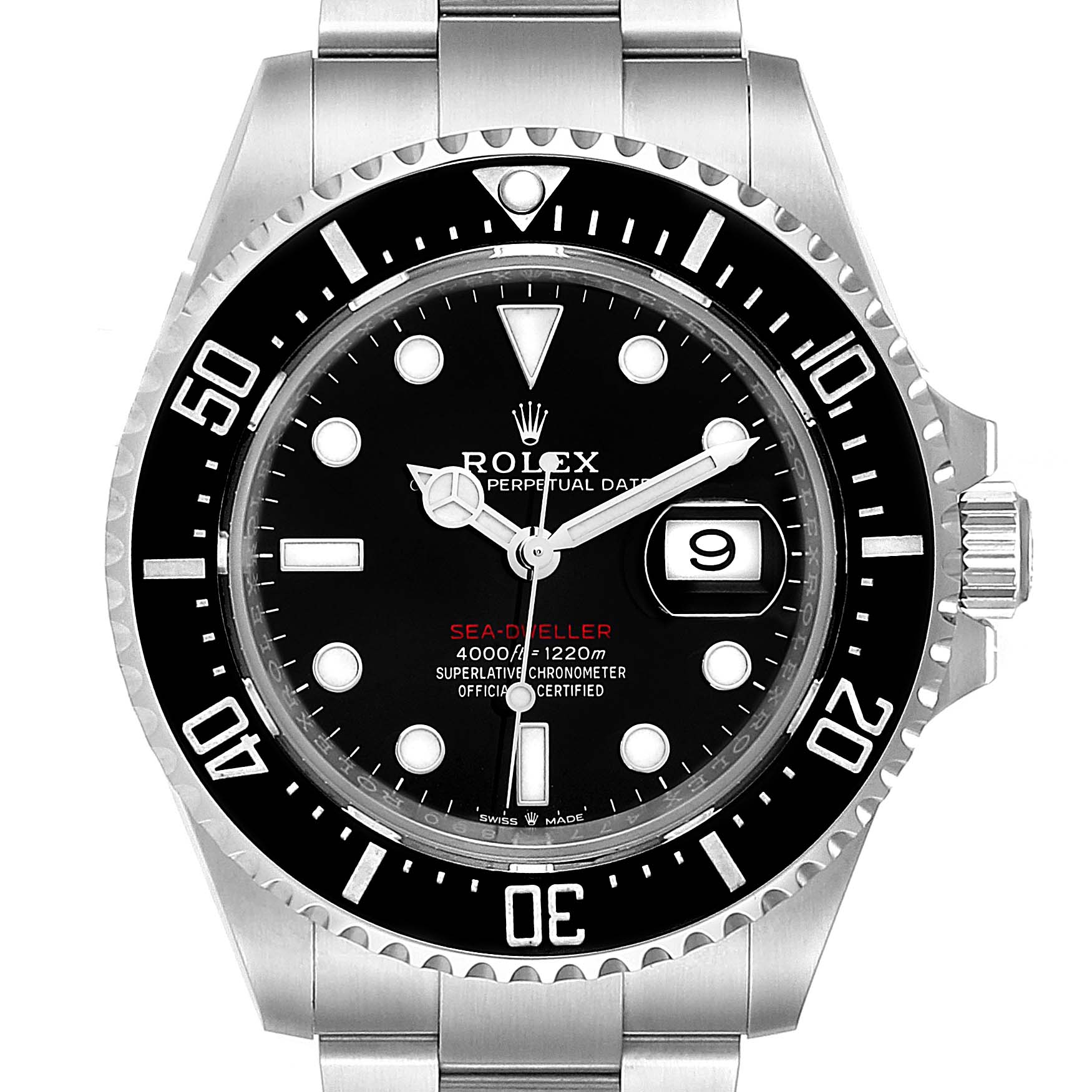 This image shows a frontal view of a Rolex Sea-Dweller 126600 Men
s Stainless Steel Black Dial 126600 Men
s Stainless Steel Black Dial watch, displaying its dial, bezel, and part of the bracelet.