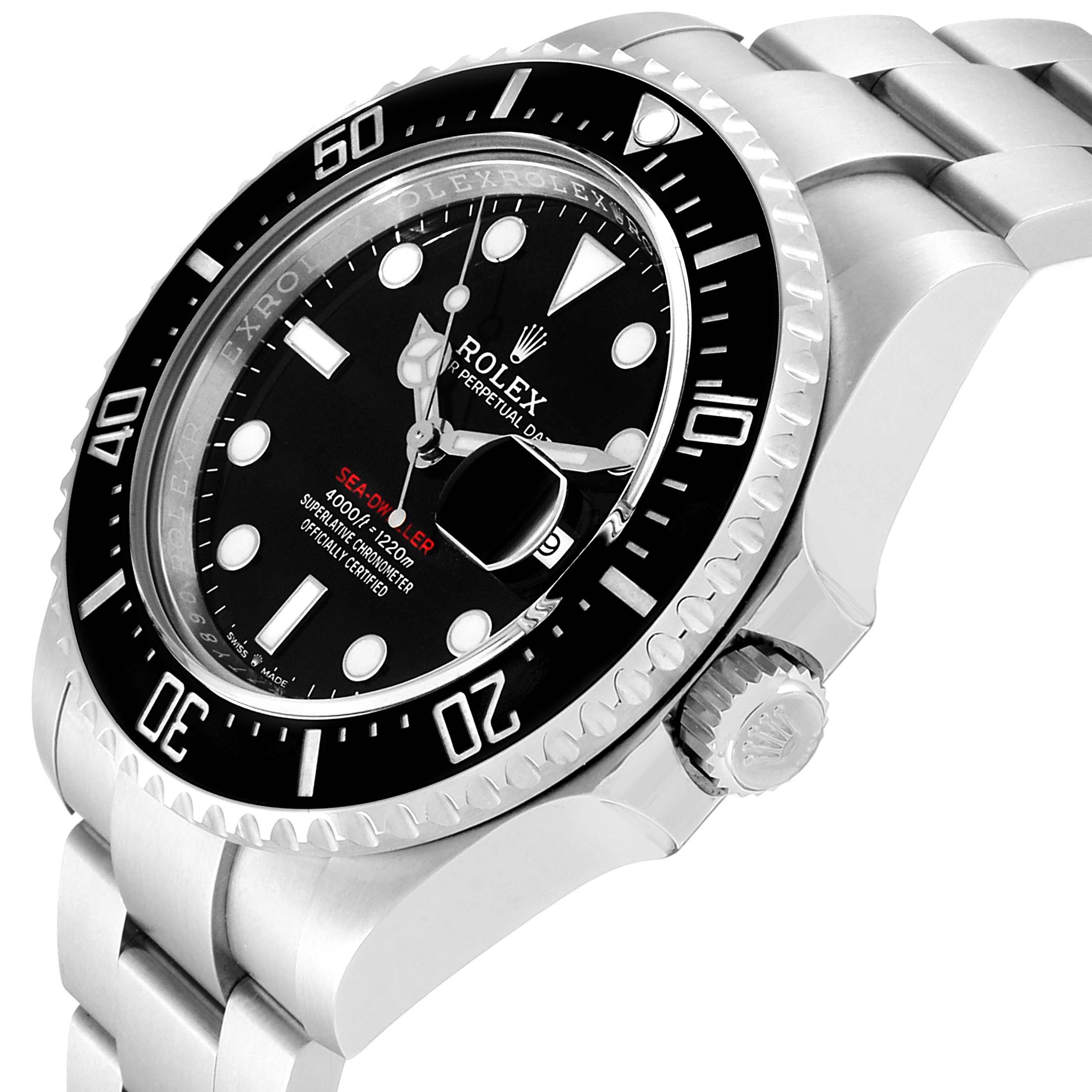 The image shows a Rolex Sea-Dweller 126600 Men
s Stainless Steel Black Dial 126600 Men
s Stainless Steel Black Dial watch at a three-quarter angle, highlighting the dial, bezel, crown, and part of the bracelet.