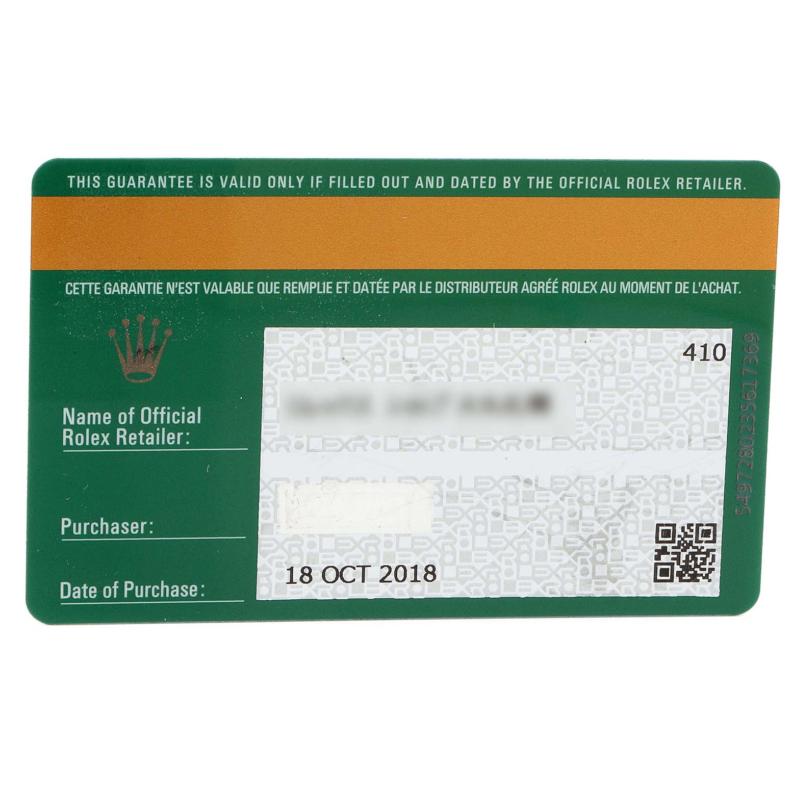 This image shows the guarantee card for the Rolex Sea-Dweller 126600 Men
s Stainless Steel Black Dial 126600 Men
s Stainless Steel Black Dial watch, including the purchase date and retailer information sections.