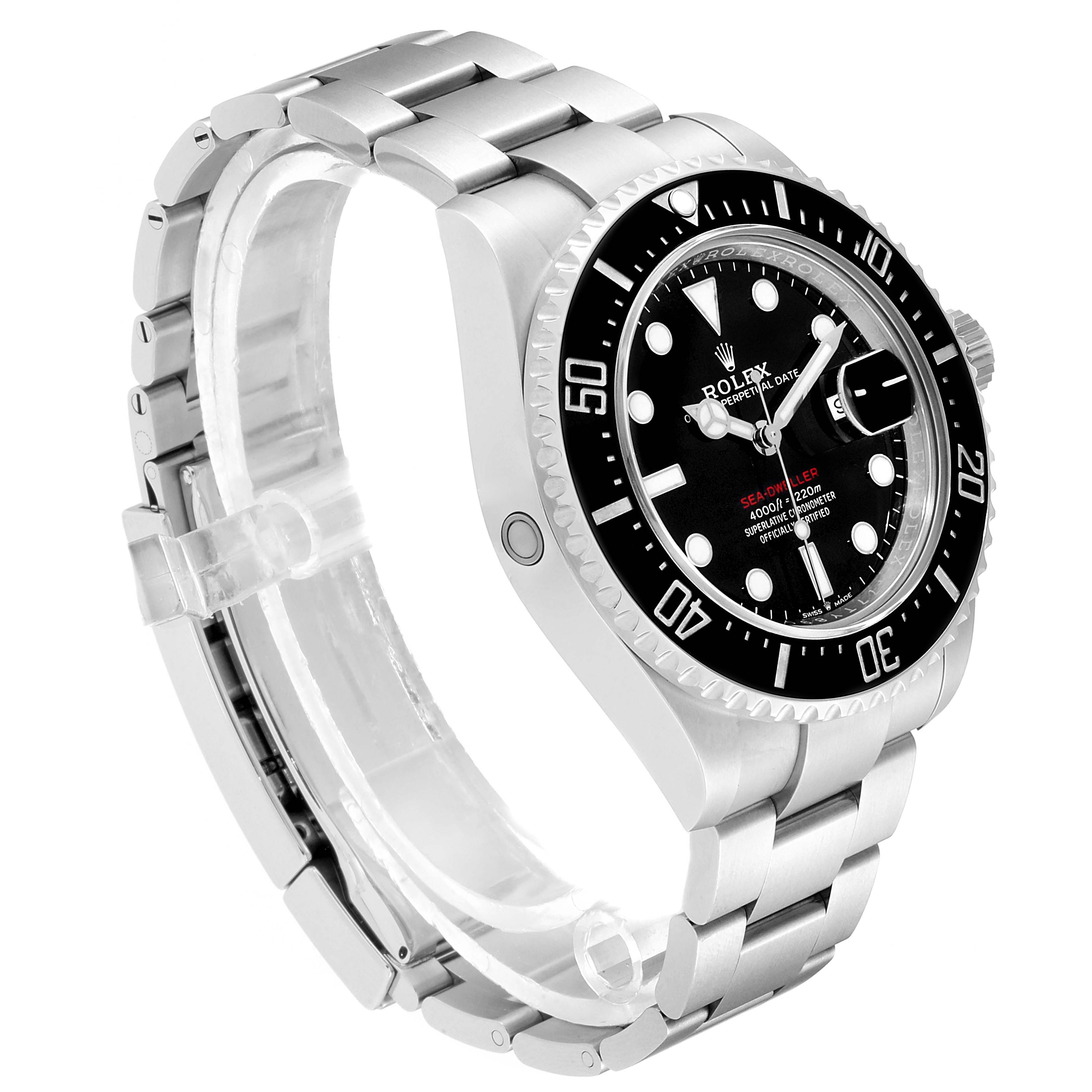 The Rolex Sea-Dweller 126600 Men
s Stainless Steel Black Dial 126600 Men
s Stainless Steel Black Dial watch is shown from a side angle, displaying its metal bracelet, bezel, and black dial.