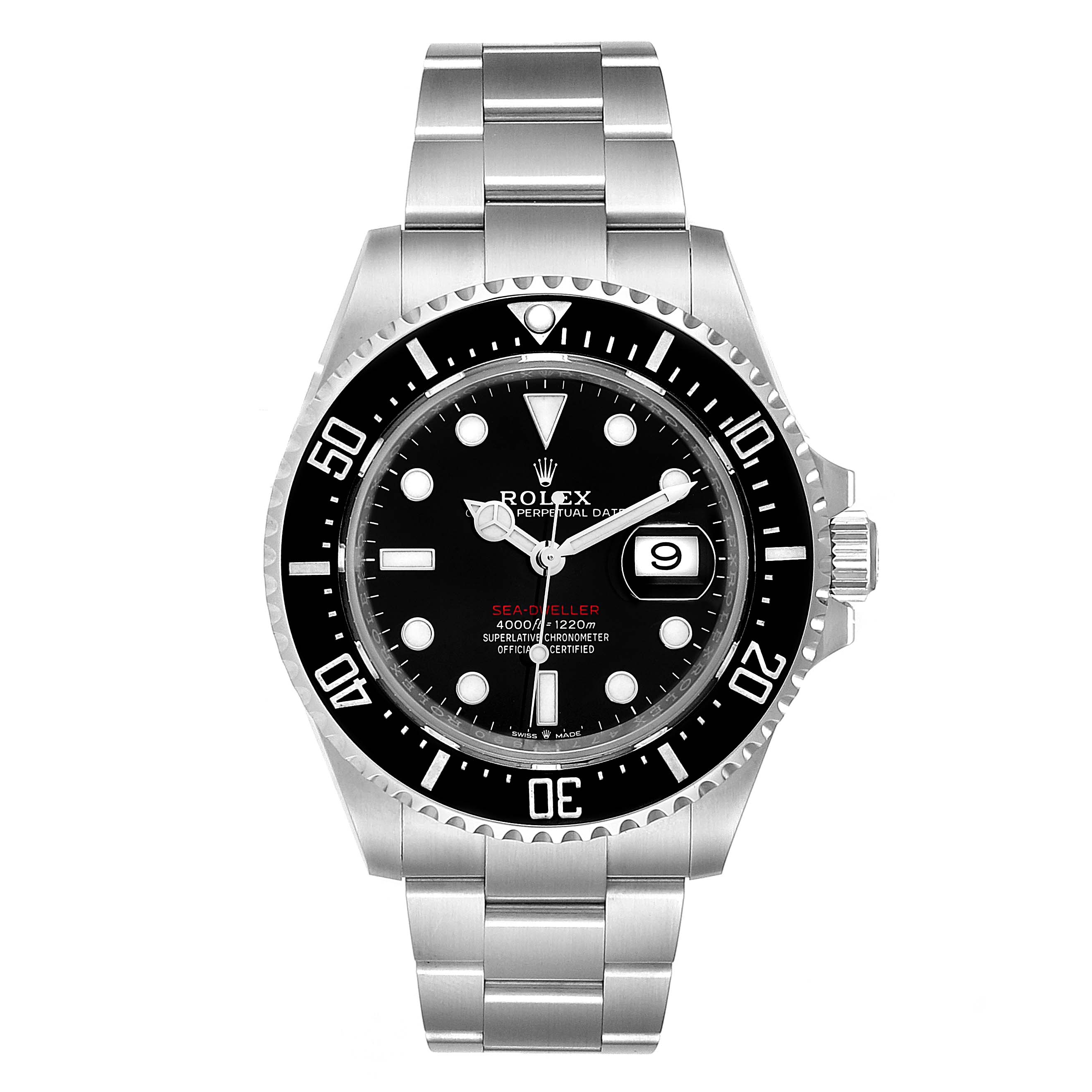 This image shows a front view of the Rolex Sea-Dweller 126600 Men
s Stainless Steel Black Dial 126600 Men
s Stainless Steel Black Dial watch displaying its face, bezel, and bracelet.