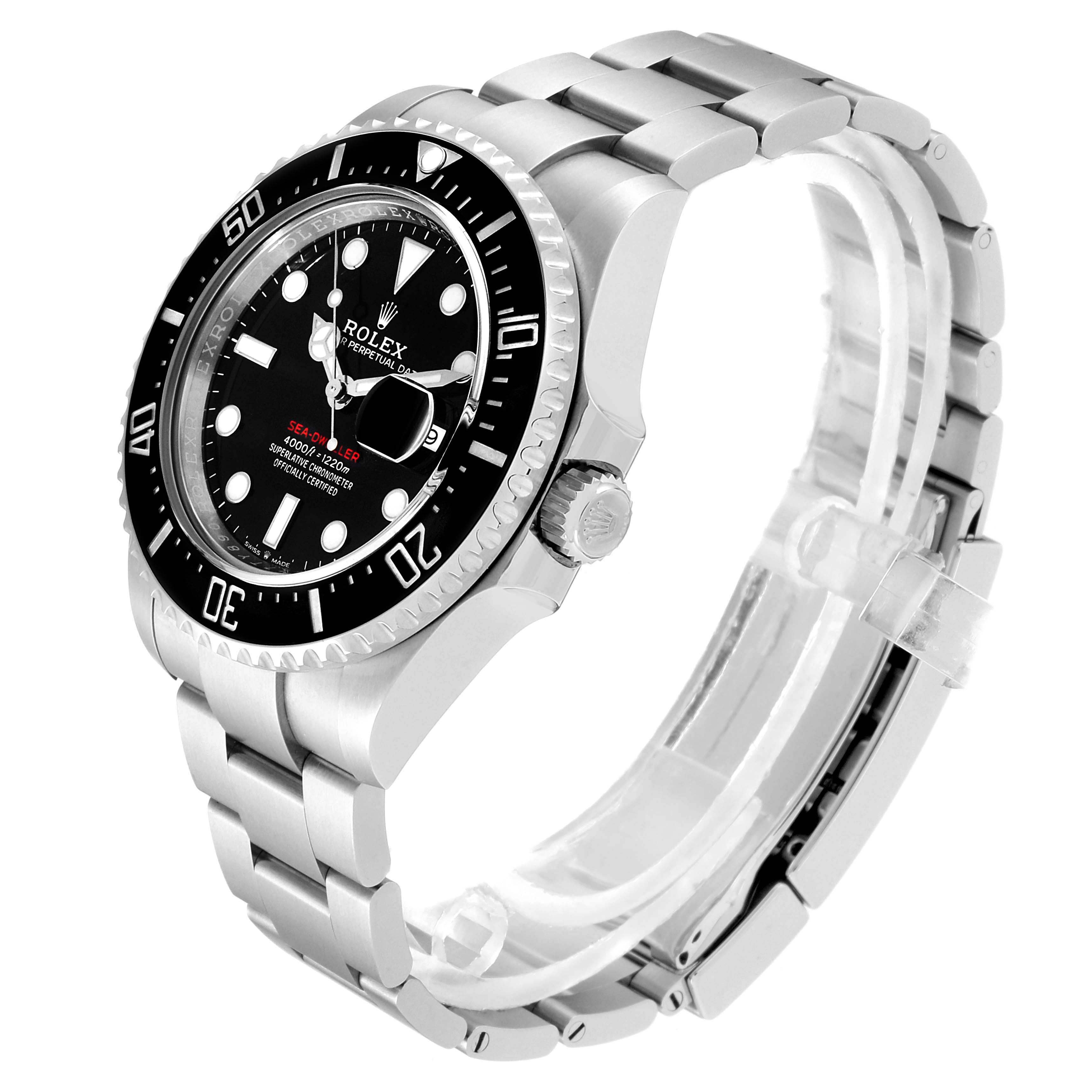 This image shows a Rolex Sea-Dweller 126600 Men
s Stainless Steel Black Dial 126600 Men
s Stainless Steel Black Dial watch at an oblique angle, highlighting the bezel, dial, crown, and bracelet.