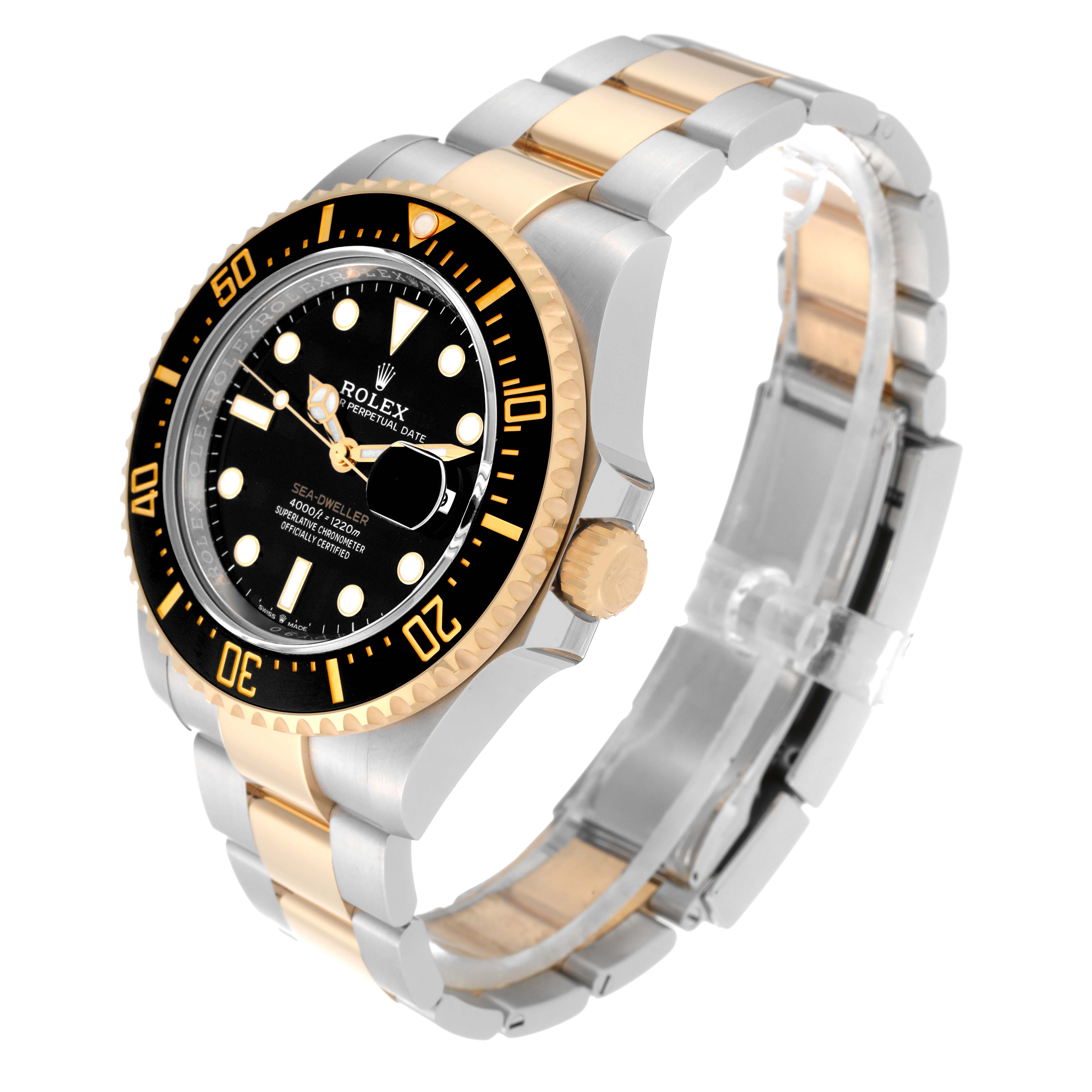 The image shows a side-angle view of a Rolex Sea-Dweller 126603 Men
s Steel and Gold (two tone) Black Dial 126603 Men
s Steel and Gold (two tone) Black Dial watch, highlighting the black dial, gold and silver bracelet, and bezel.